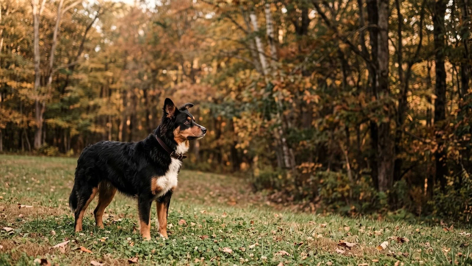 Tri-color Australian Mountain Dog standing at the tree line of a wooded Wisconsin yard at Stokeshire