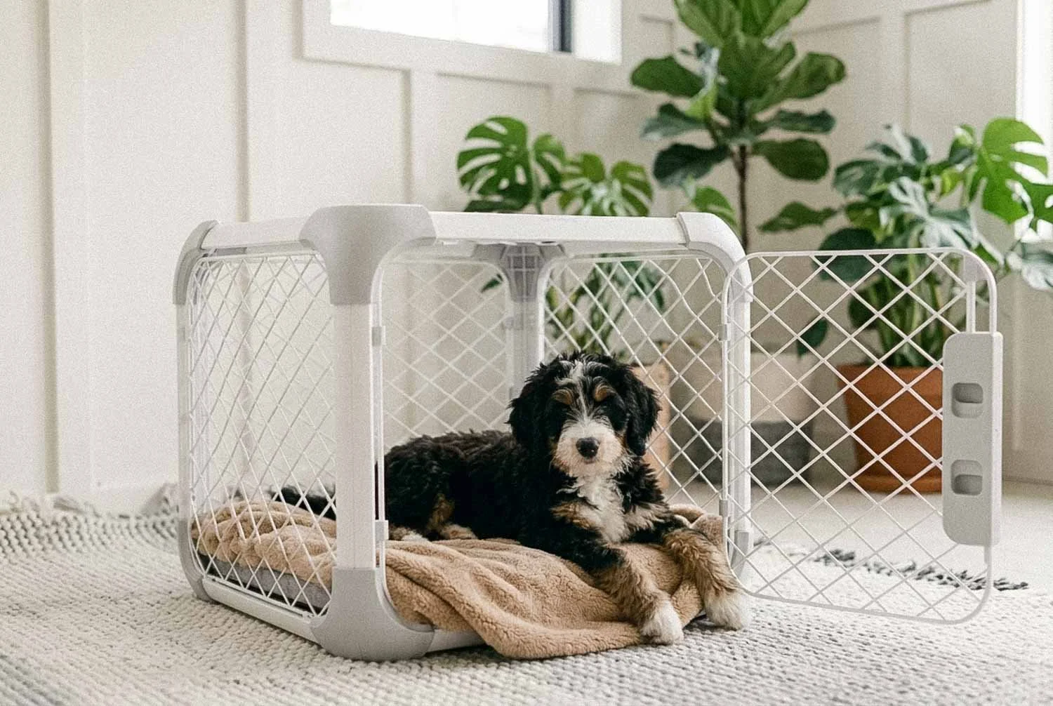 Two well-matched doodle puppies in loose, healthy play during a supervised introduction