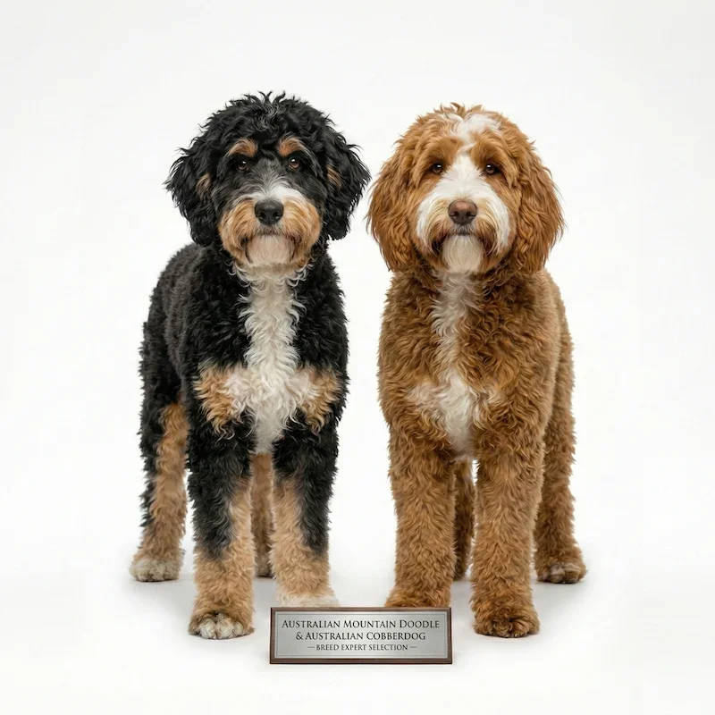 Australian Mountain Doodle vs Australian Cobberdog standing next to eachother in breed expert selection.