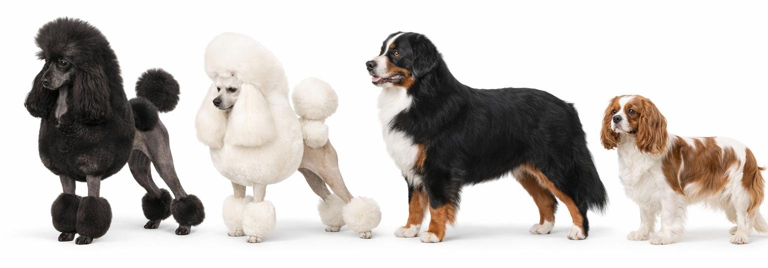 Realistic lineup of parent breeds for ethical Munchkin Bernedoodle breeding: a black Poodle, white Miniature Poodle, Bernese Mountain Dog, and Cavalier King Charles Spaniel standing side-by-side