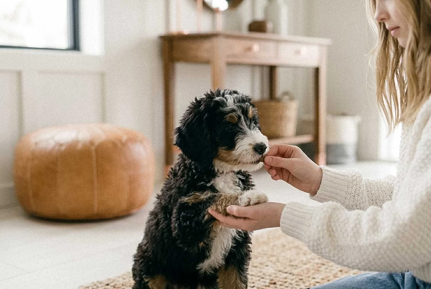 Doodle puppy walking calmly beside a handler during early daycare preparation