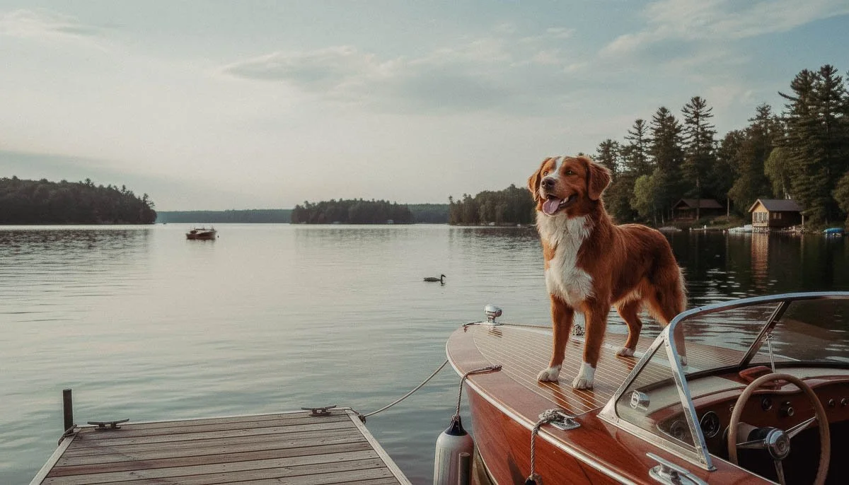 "Red and white unfurnished Bernedoodle standing confidently on the bow of a classic wooden boat on Lake Minnetonka, illustrating a boat-ready family dog."