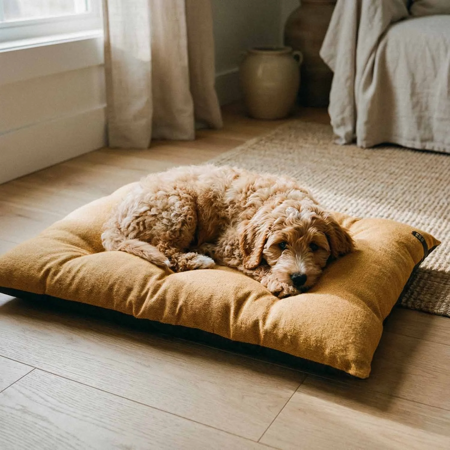 Luxury dog pillow bed in amber by Stokeshire Lifestyle, featuring a relaxed doodle puppy resting on a Cloud7 Rescue bed with soft, structured cushioning in a refined home interior.
