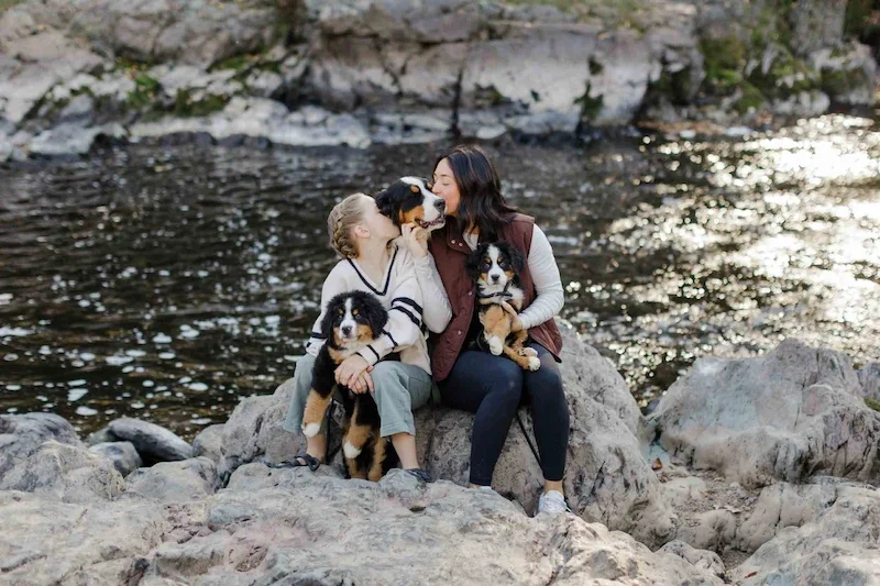 Two ethical dog breeders showing green flags of dog breeding by showing love to dog parents.