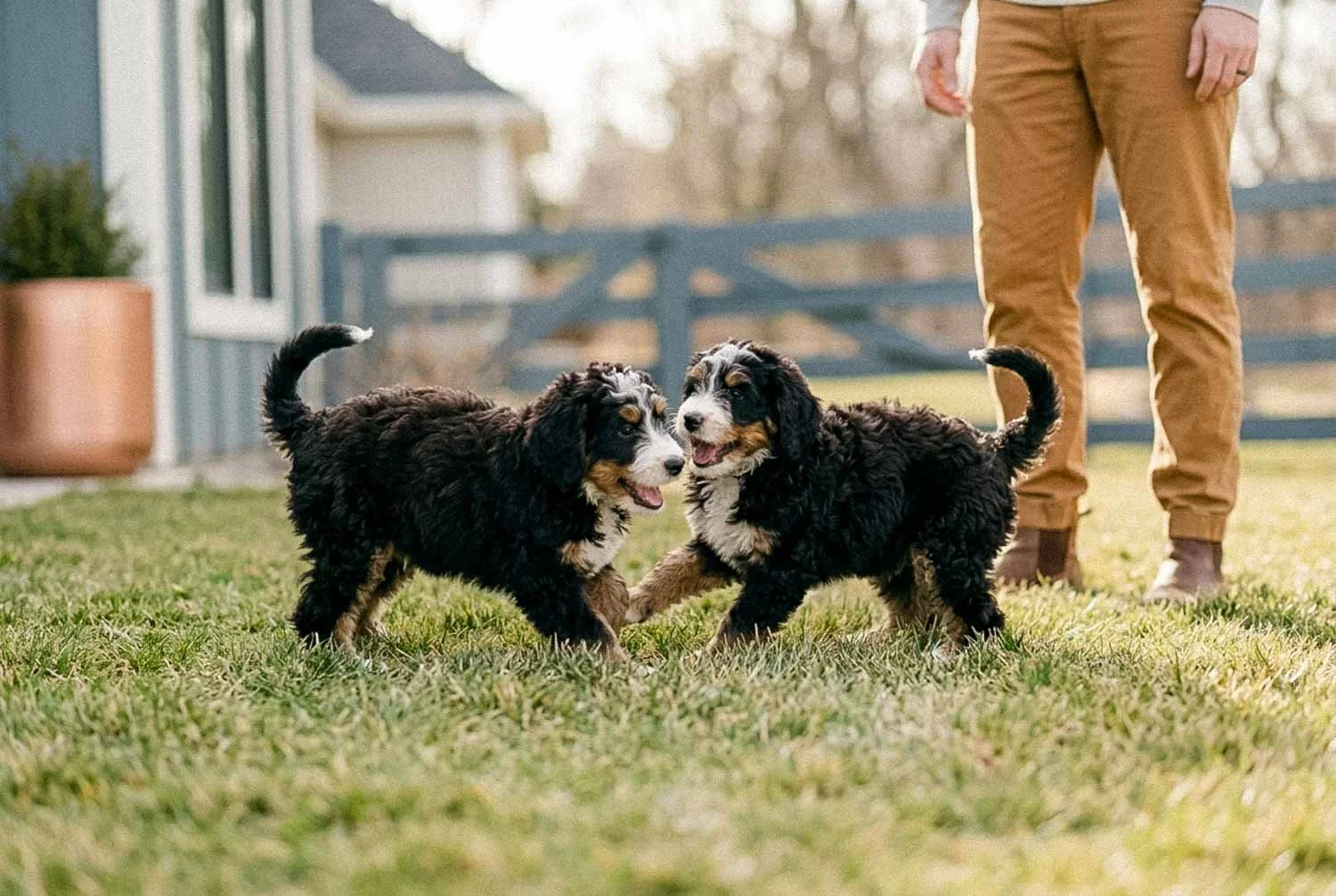 Doodle puppy exploring a new surface during structured socialization practice