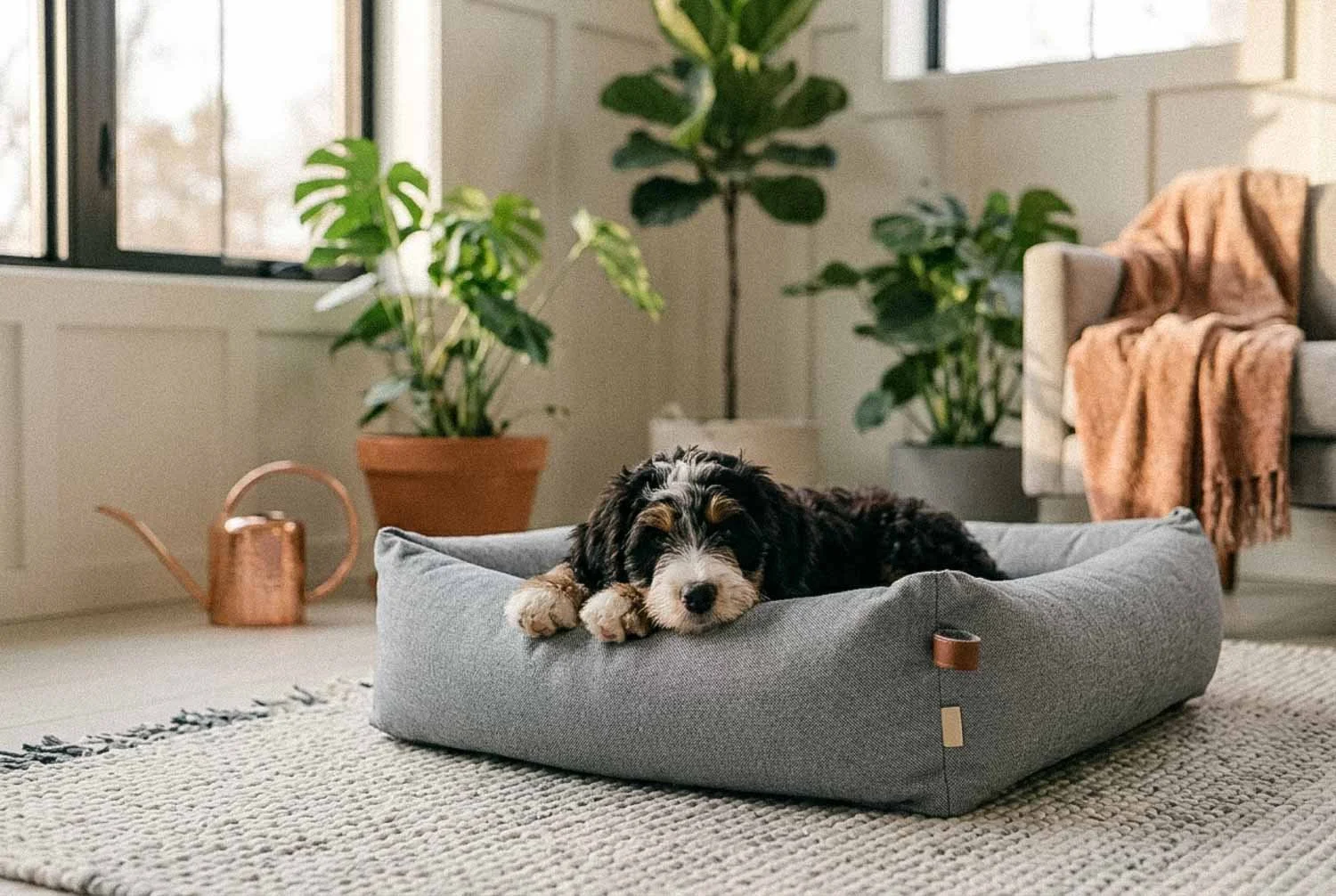 Doodle puppy resting quietly in a pen, practicing calm separation before group play