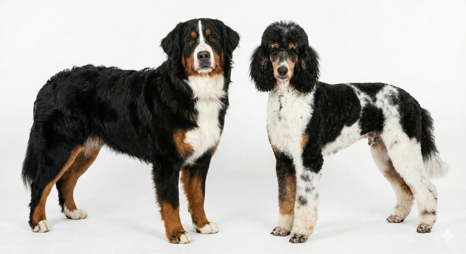 Bernese Mountain Dog and parti Poodle, the two parent breeds of Stokeshire Bernedoodle puppies in Wisconsin