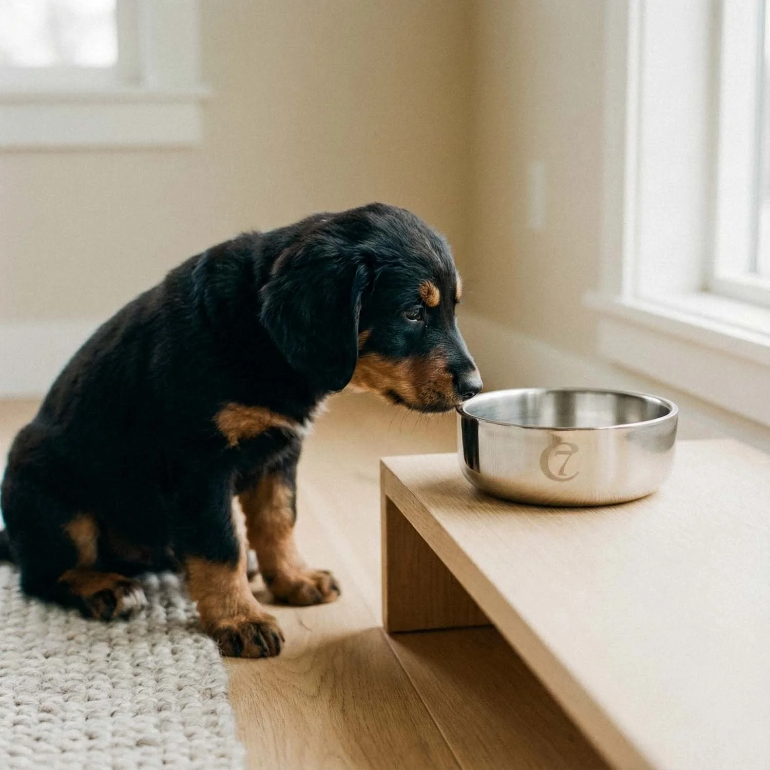 Minimalist stainless steel dog bowl by Cloud7 for Stokeshire Lifestyle, photographed with a puppy in a refined home setting, ideal for luxury dog feeding stations.