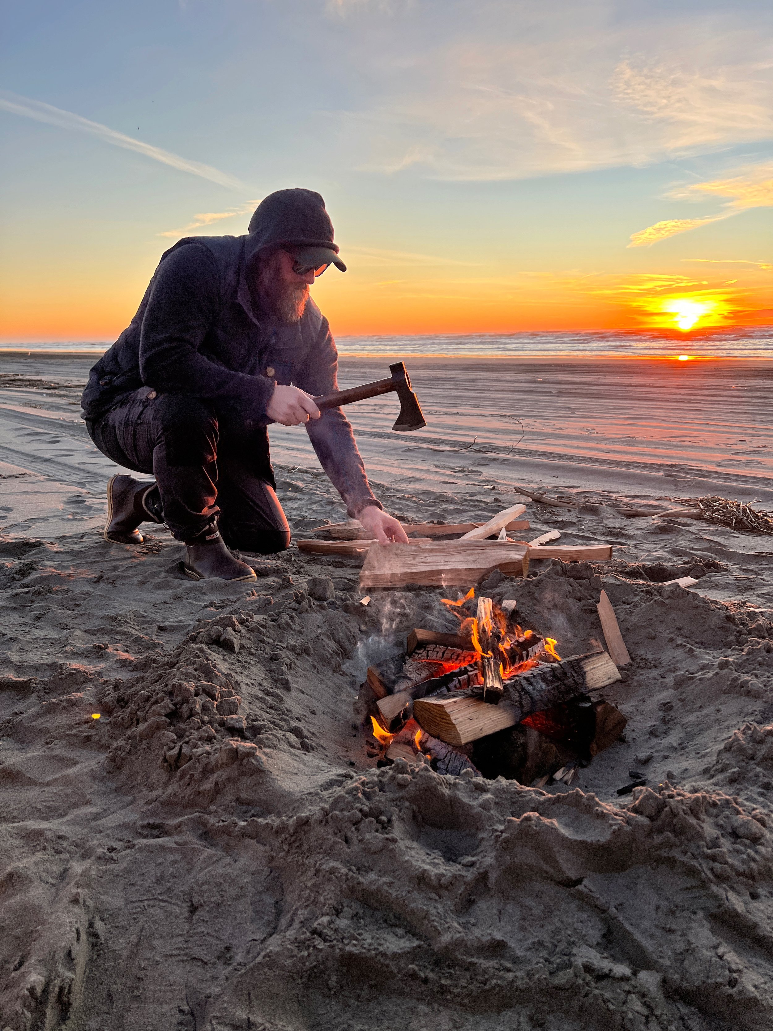 Barebones Living hatchet on the Washington Coast beach campfire at sunset