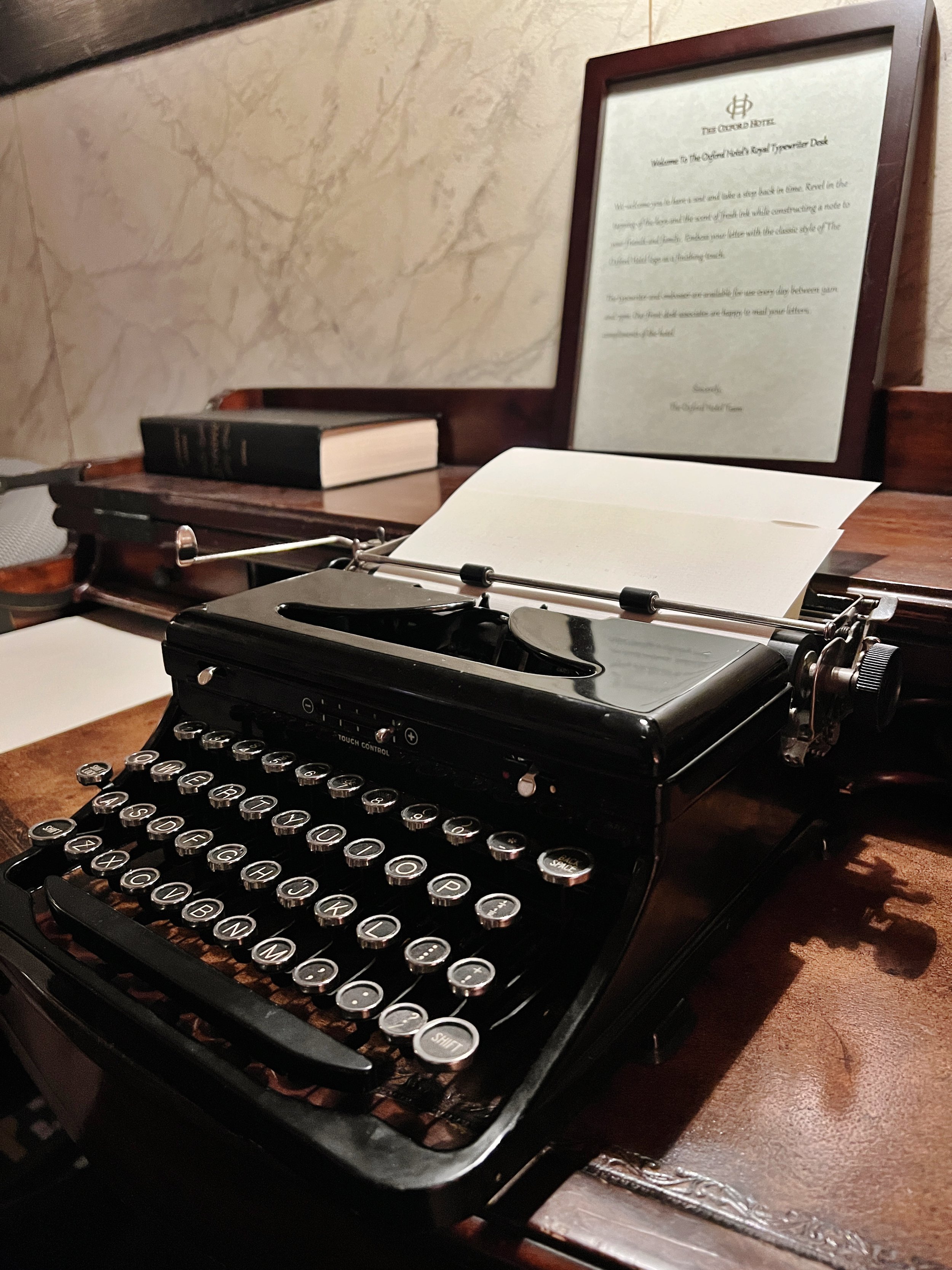 antique typewriter for writing to families at Oxford hotel
