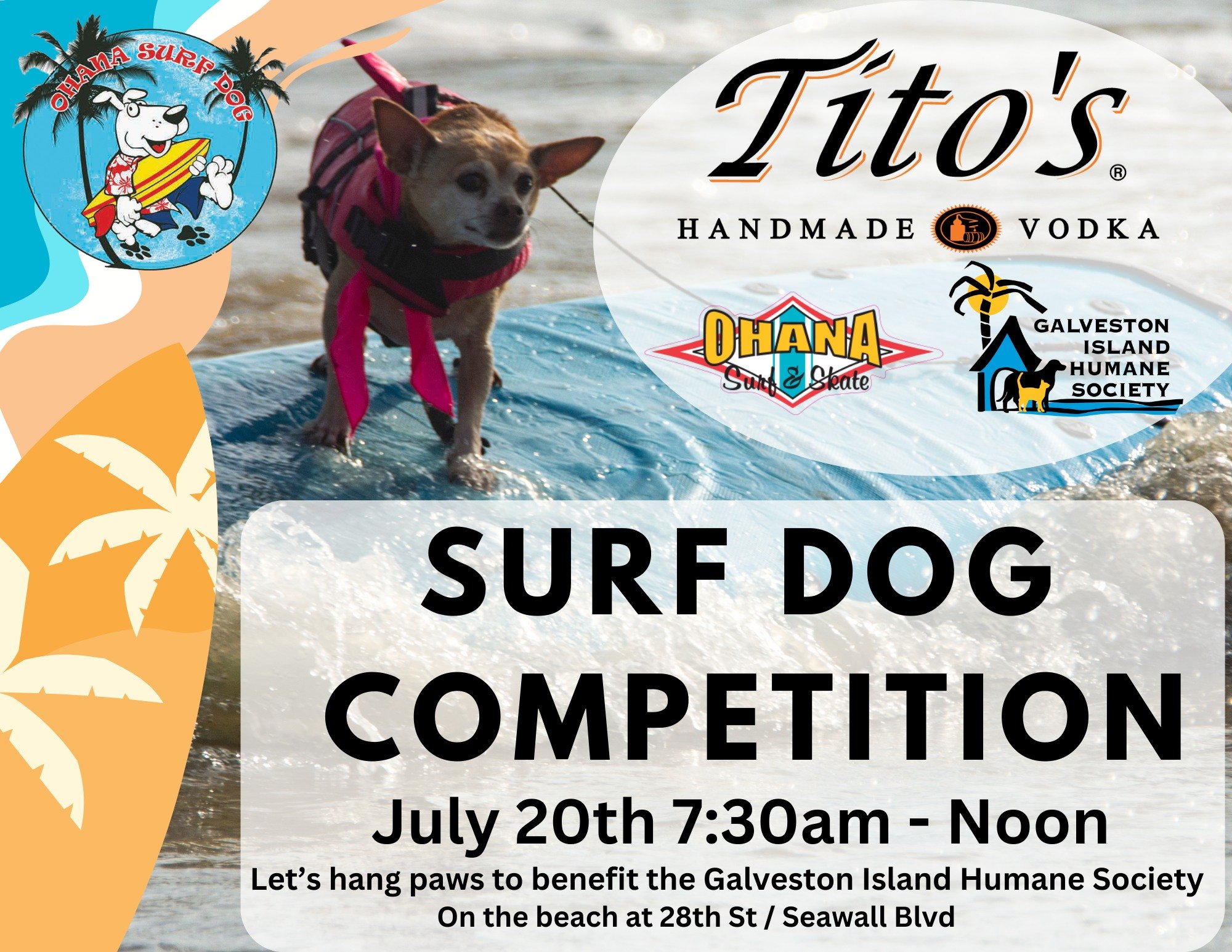 Calling all Surfers and Sponsors! 
The beach is going to the dogs on July 20th for our 11th annual Surf Dog competition. 
Check out the event page and register your surfer, reserve your shirt or tank top or trucker hat now. You can also register as a