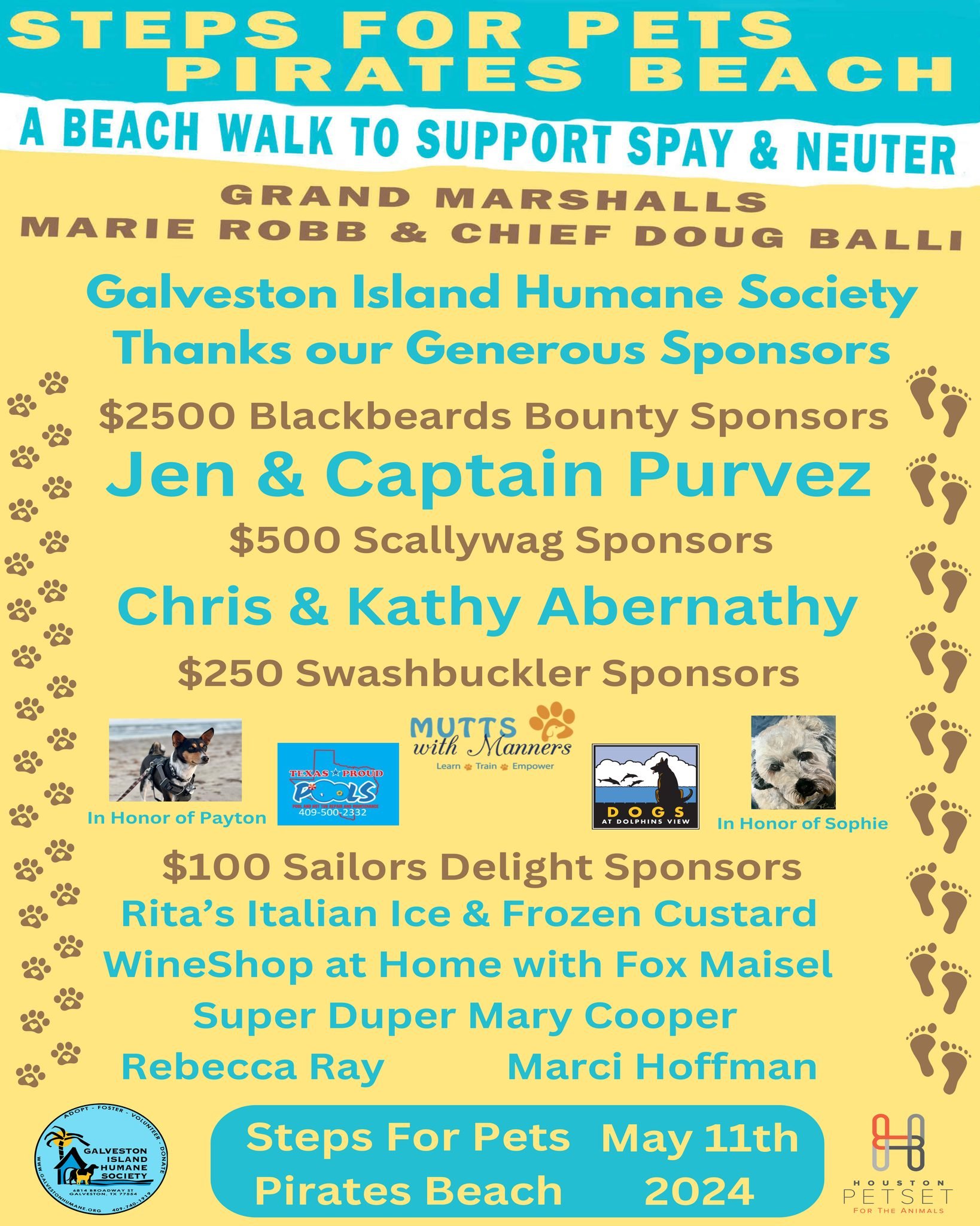 Just one day till we land in Pirates Beach for Steps for Beach. 
Thanks to all of our sponsors for stepping up! 
There is still time to register. Go to www.galvestonhumane.org/events