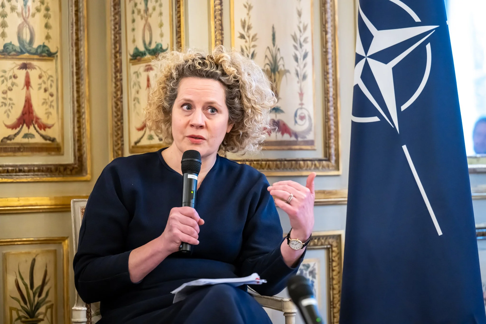 A woman holding a microphone, gesticulating during a speech. She sits next to a NATO flag in an ornate room.