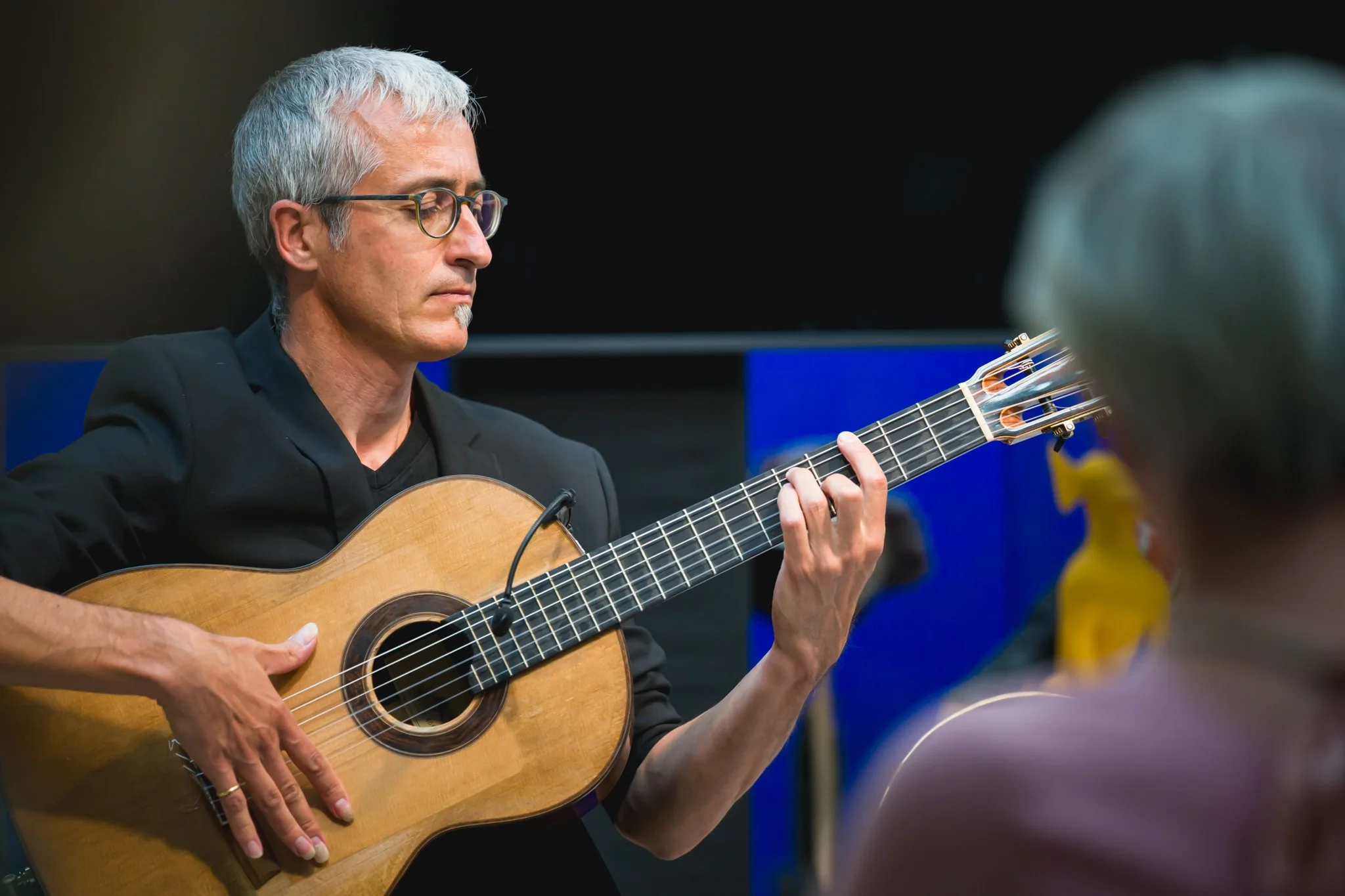 Un homme avec des cheveux gris et des lunettes joue de la guitare acoustique lors d'une performance, observé par un public.