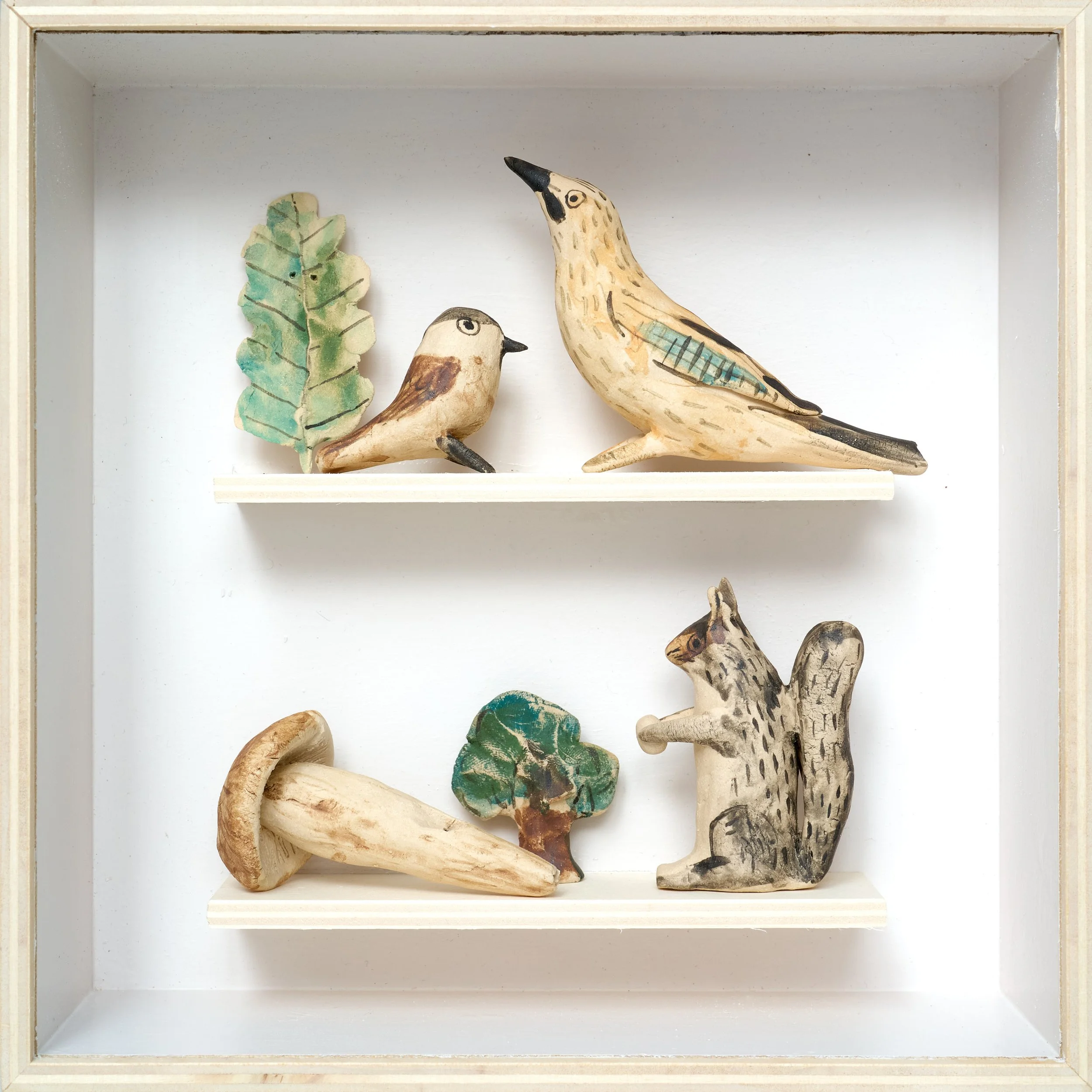 Oak Life Box IV (Marsh Tit, Jay, Spindleshank, Grey Squirrel), ceramic, plywood, Persex, 20x20cm