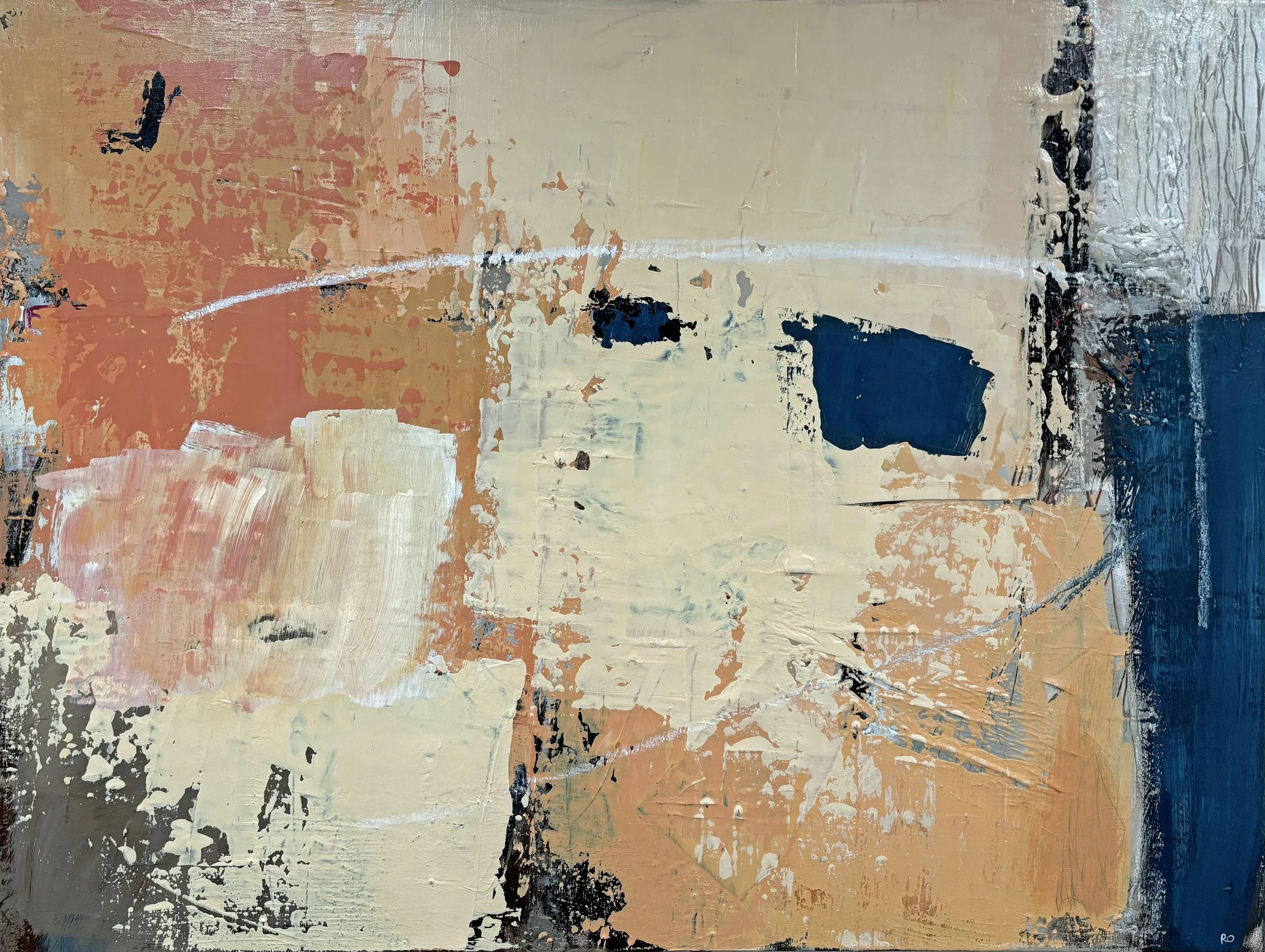 Slow Fade of Day (in situ), 30 x 40 in., acrylic, mixed media on canvas, solid walnut frame. $2,000