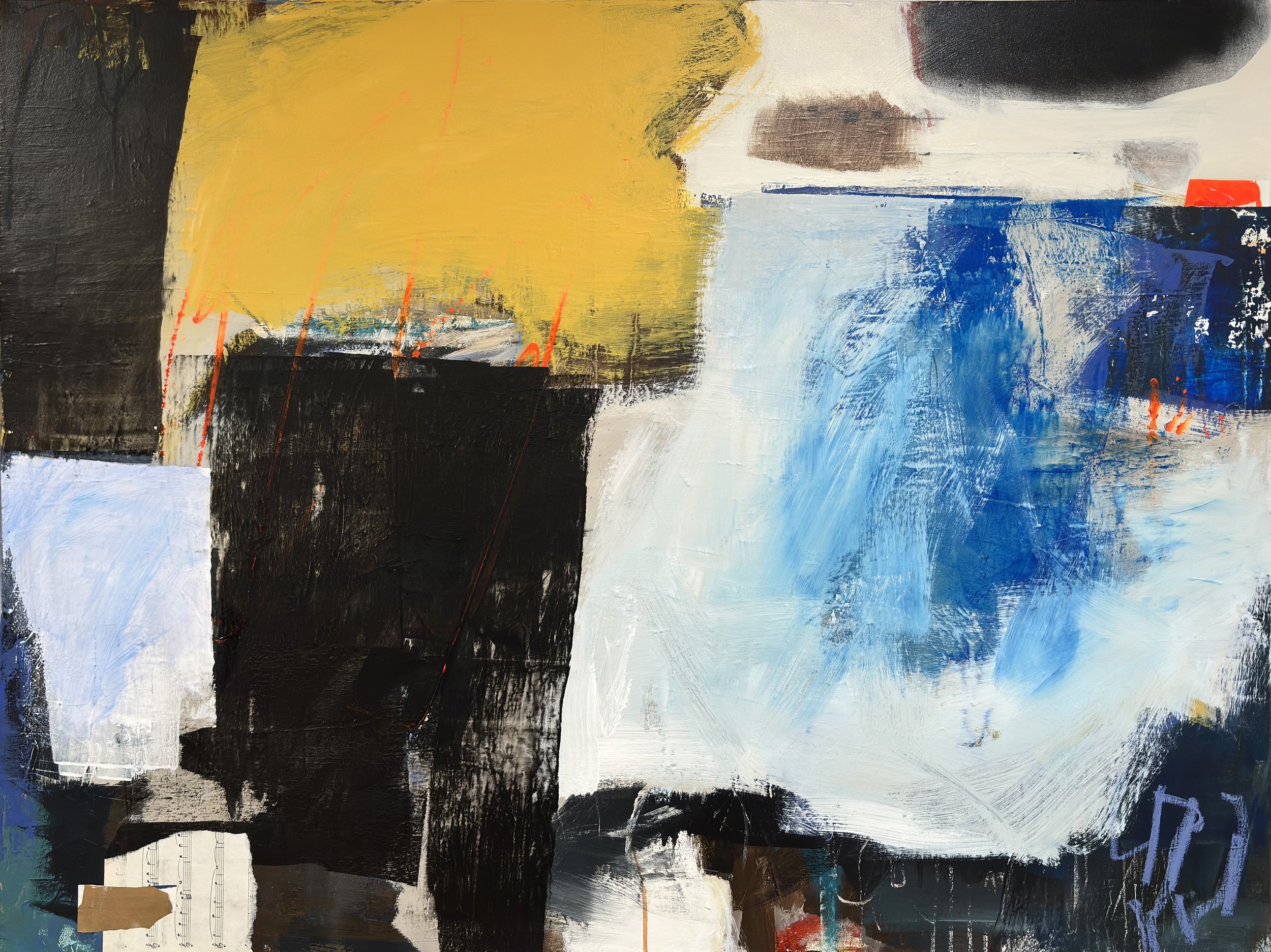 Still, But Not Silent (in situ), 36 x 48 in., acrylic, mixed media on canvas, framed. $2,600