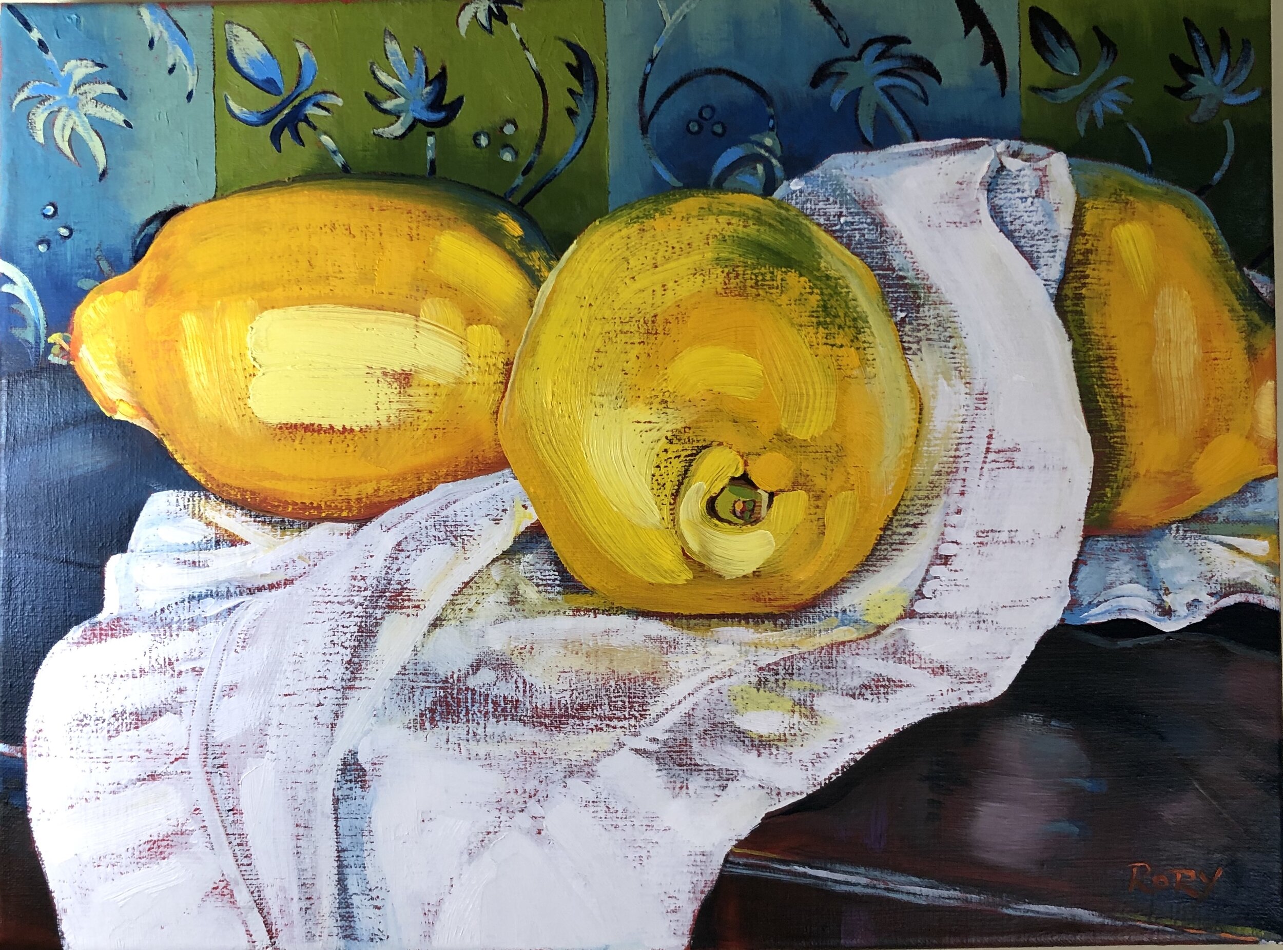 Three Lemons on Blue & Green Wallpaper