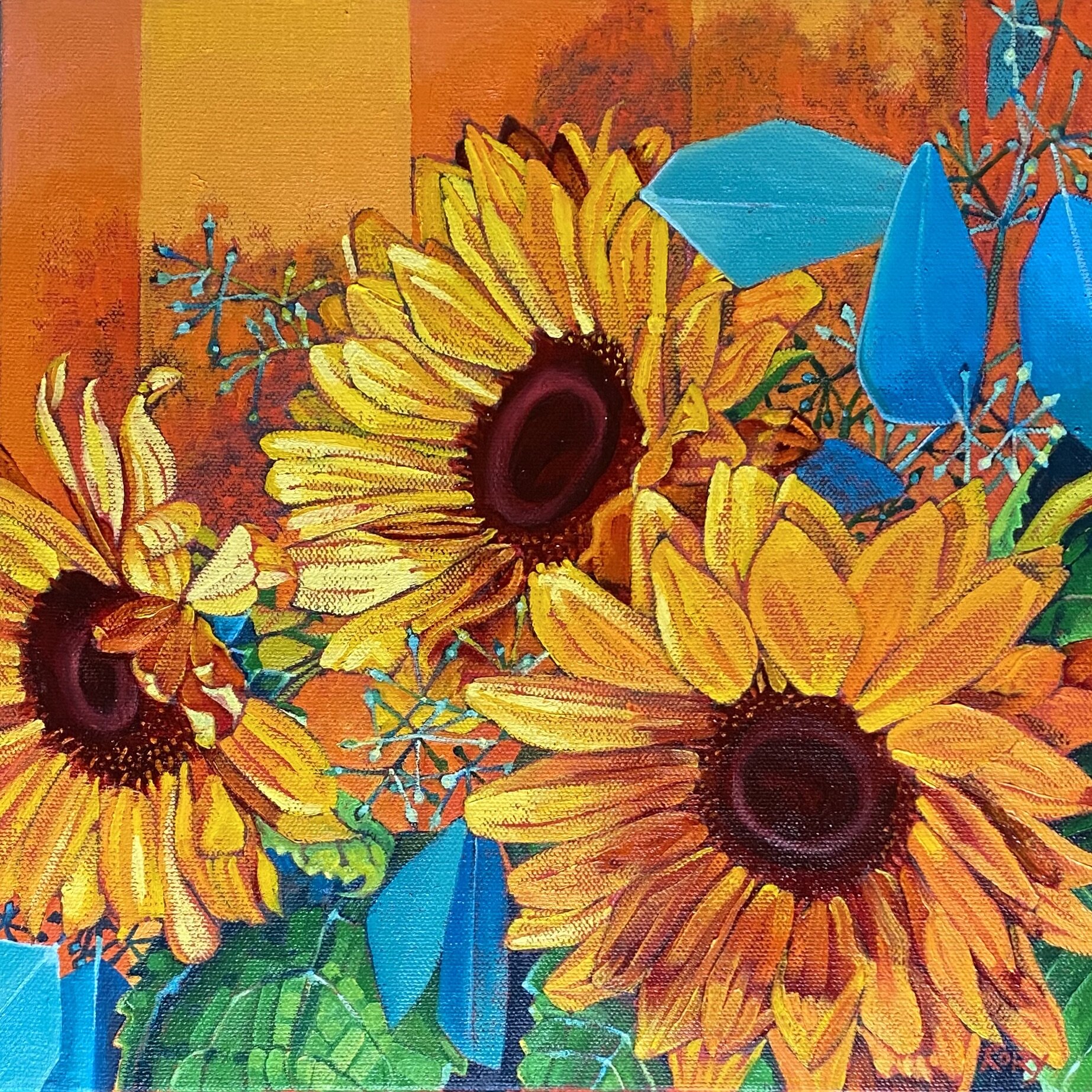 Sunflowers with Eucalyptus on Orange
