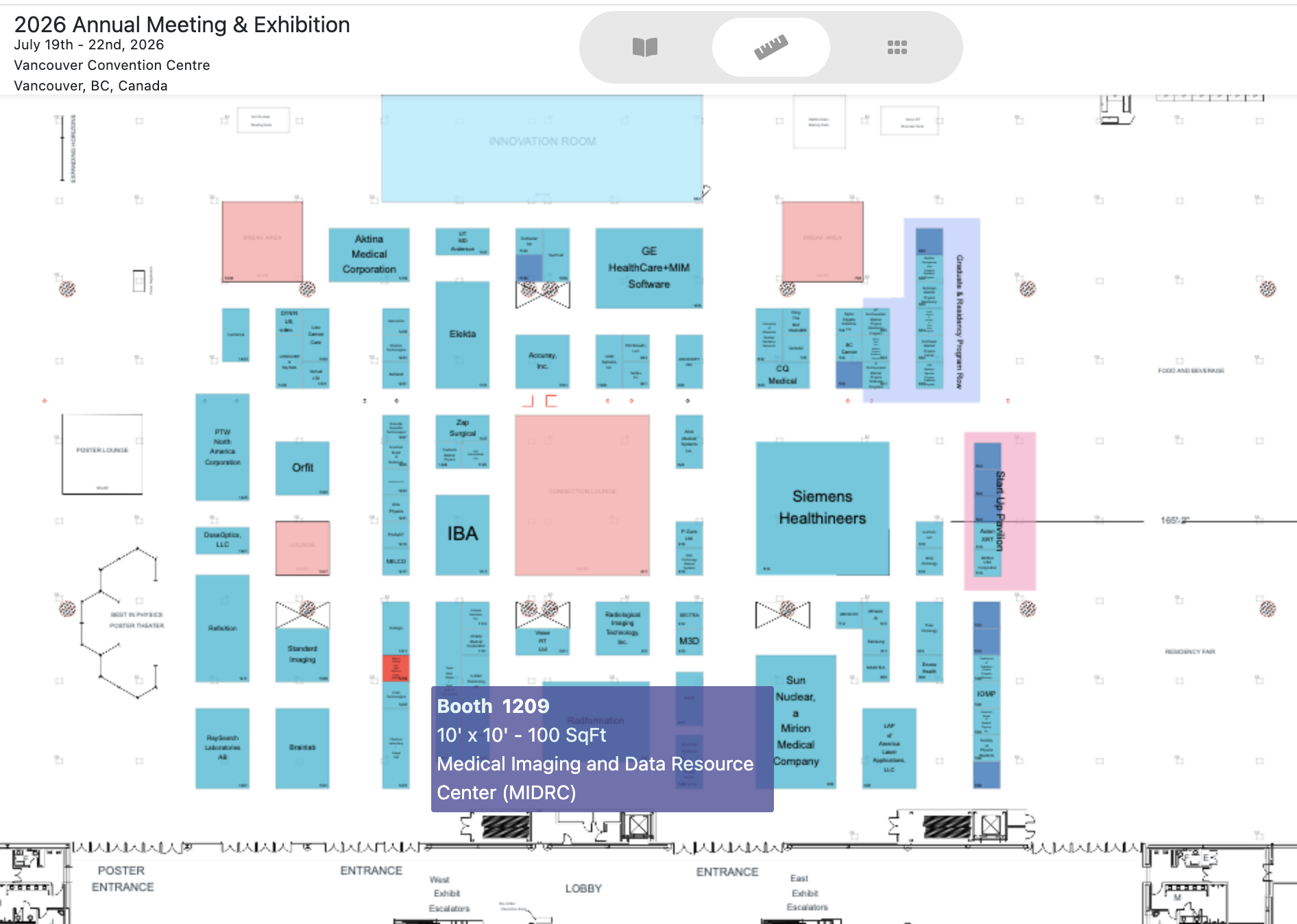 Map of the Vancouver convention center exhibit hall for the AAPM annual meeting.