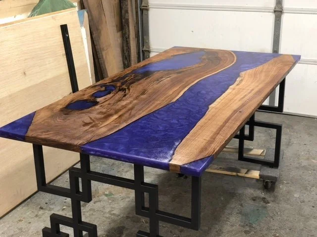 36" x 84" English Elm table with Burple resin and custom welded square base