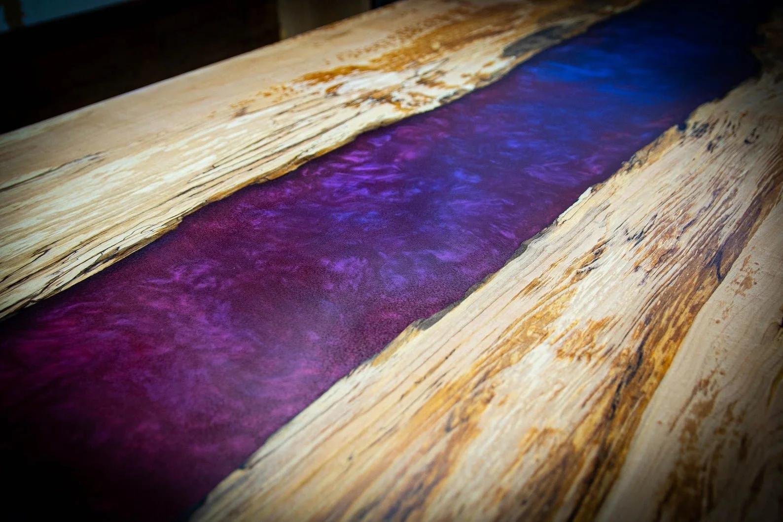 36" x 72" Spalted Maple table w/ bluish / purple galaxy resin