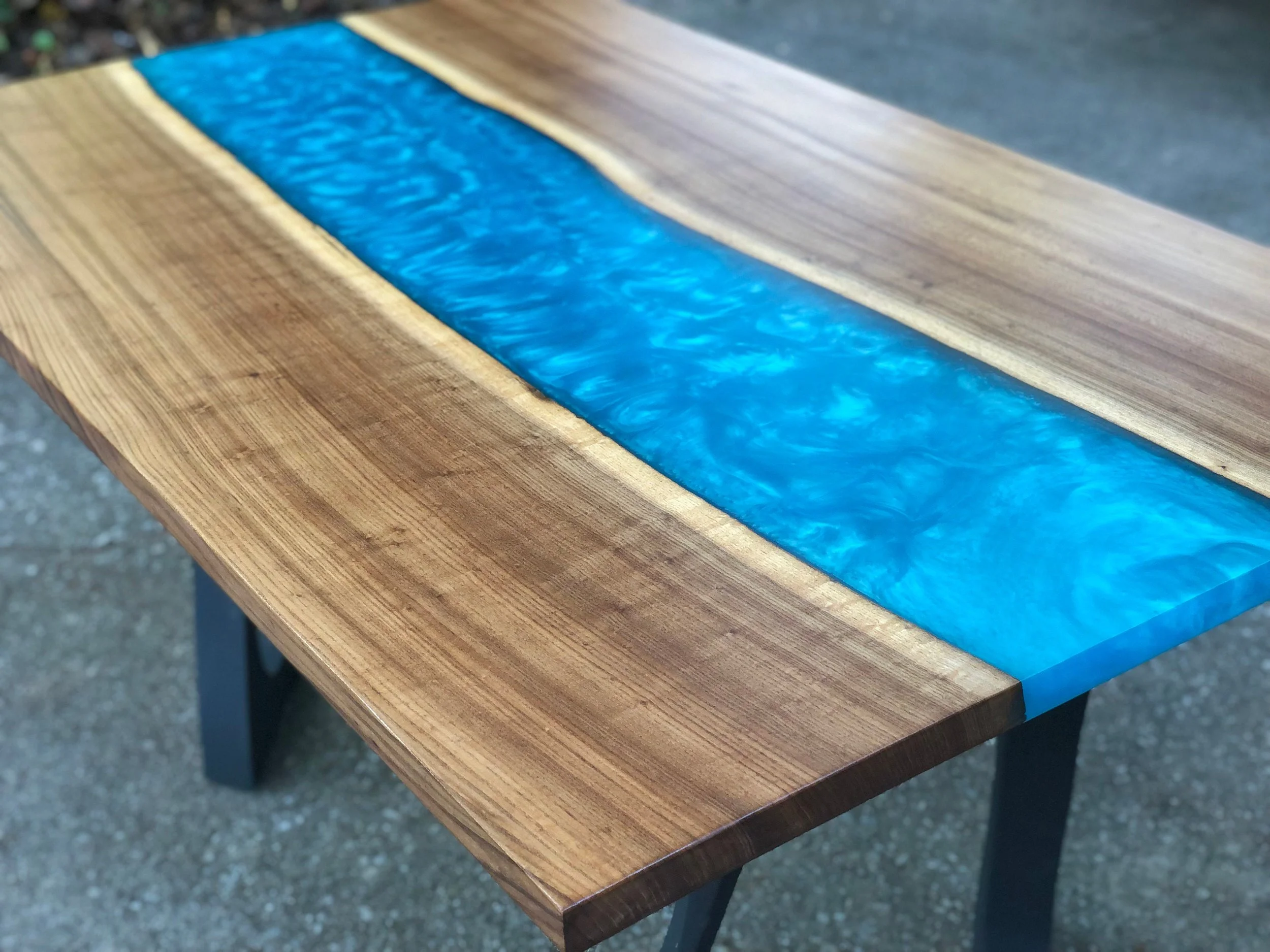 36" x 60" American Elm Dining Table w/ Turquoise Resin & Uzar Legs