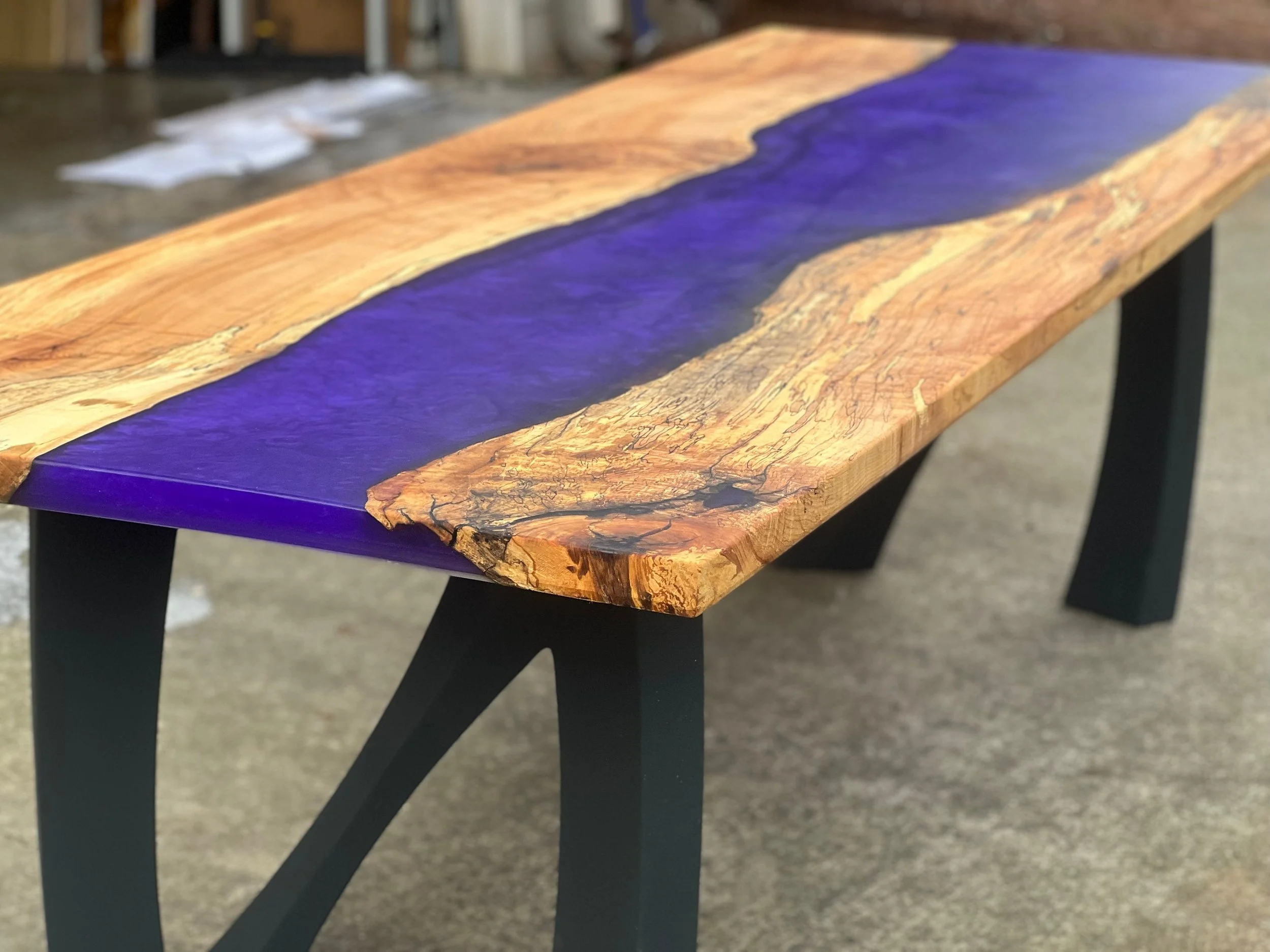 36" x 96" spalted maple table with purple haze resin and Norrah legs