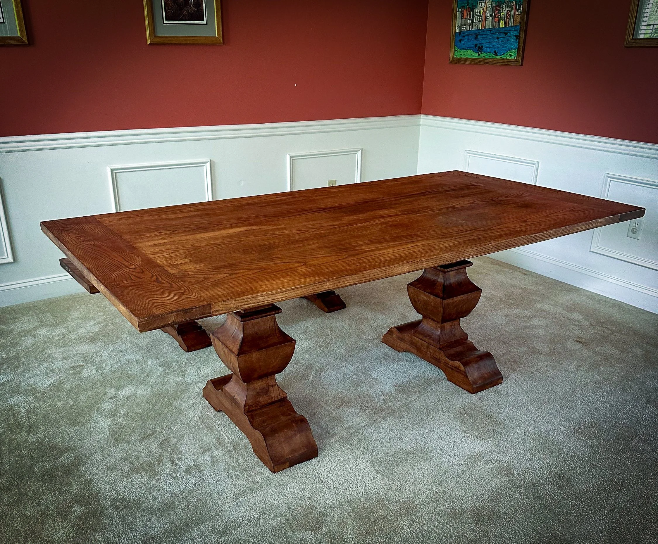 42" x 84" solid 1.5" ash table stained with Briwax "tudor brown" and an accompanying bench