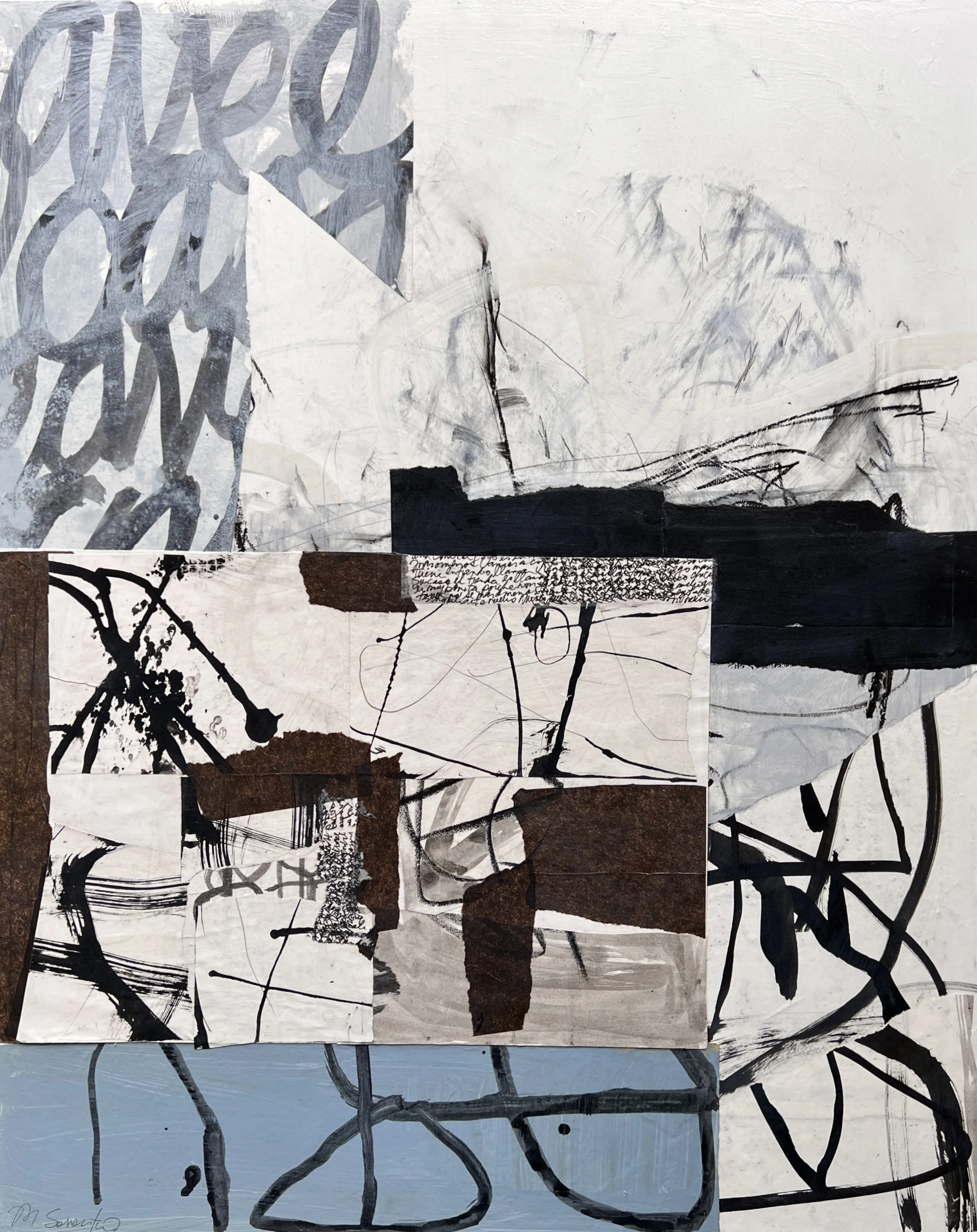 Entanglement 3
 / 24" x 30" /  acrylic, ink, thread,  and collage on panel / 2025