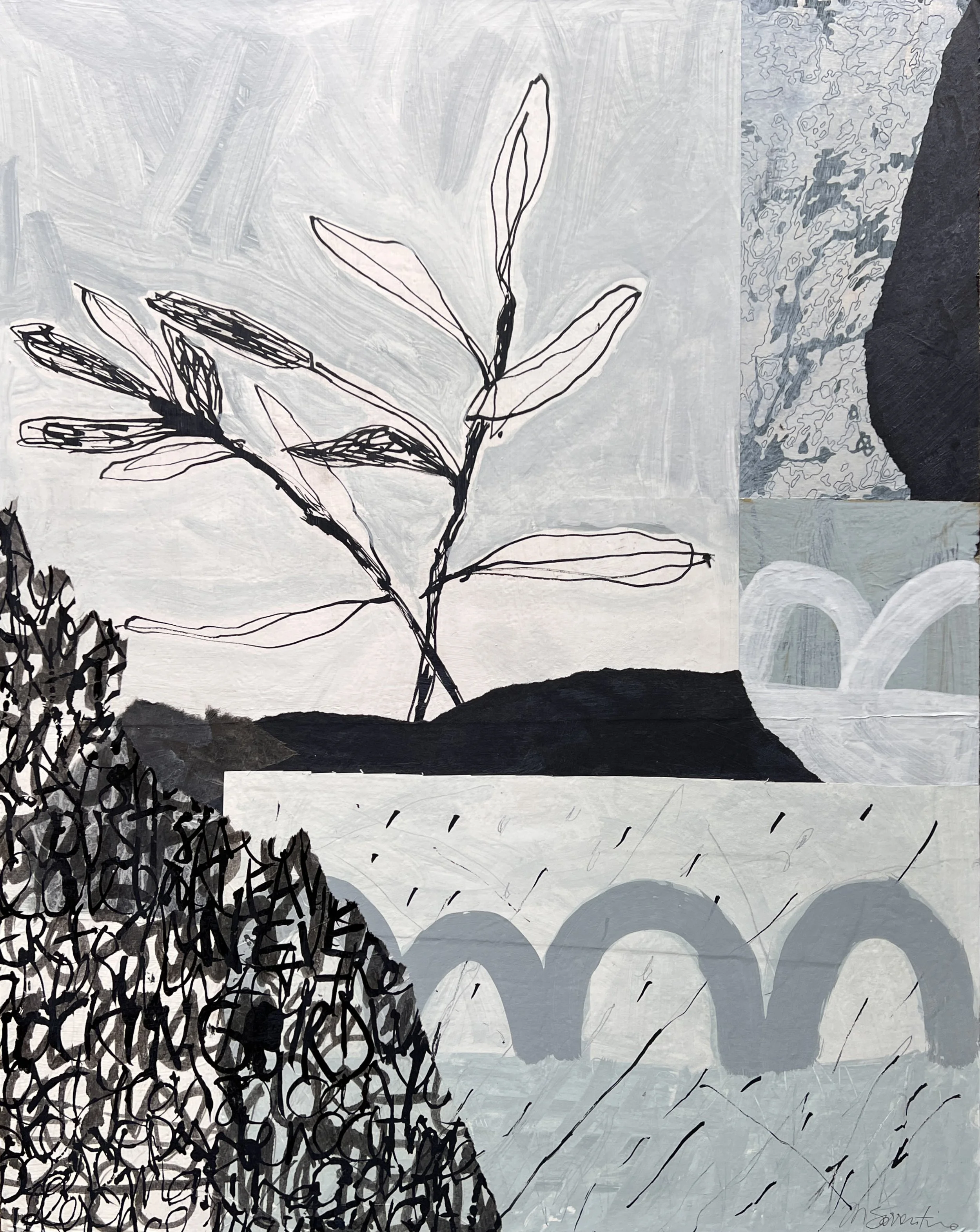 Entanglement 1
 / 24" x 30" /  acrylic, ink and collage on panel / 2025