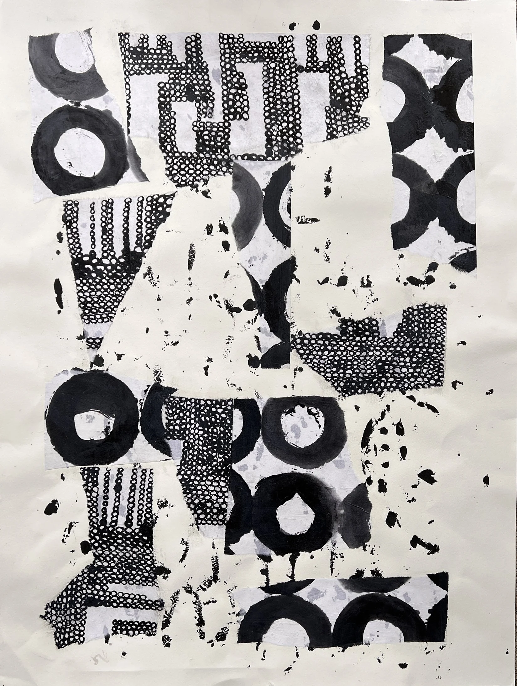 X's and O's / 22" x 30" /  Ink, and collage on BFK paper / 2025 AVAILABLE