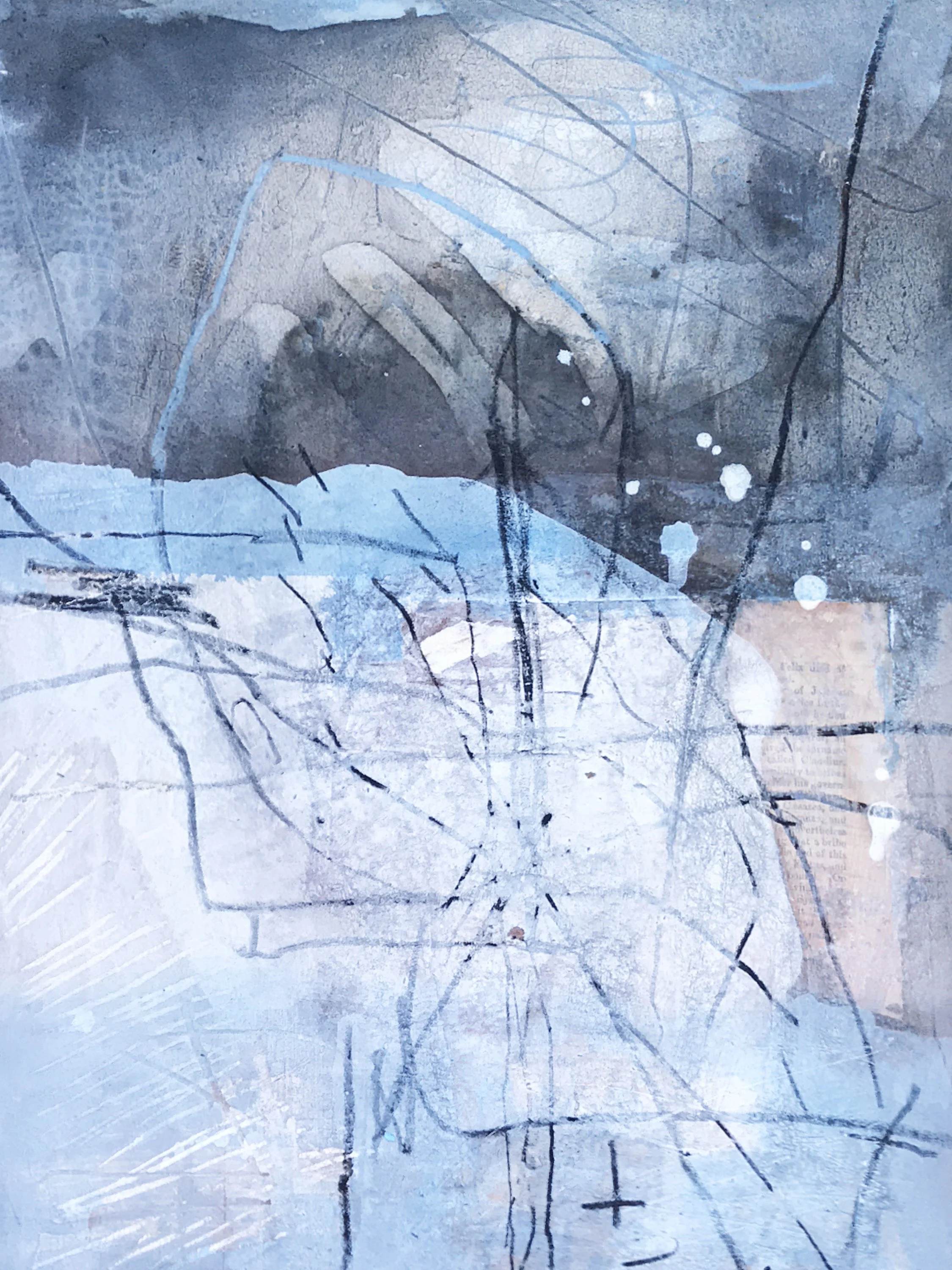 BY THE SEA AND SKY / 11" x 15" / ink, plaster, charcoal, graphite, collage on BFK paper / 2020 / $350