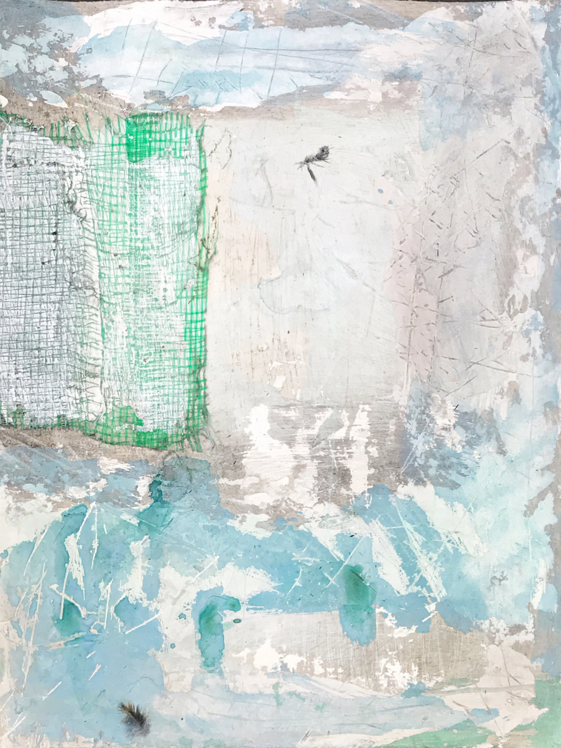 FIXING THE CATCH / 11" x 15" / ink, plaster,, feather, collage on BFK paper / 2020 / $350