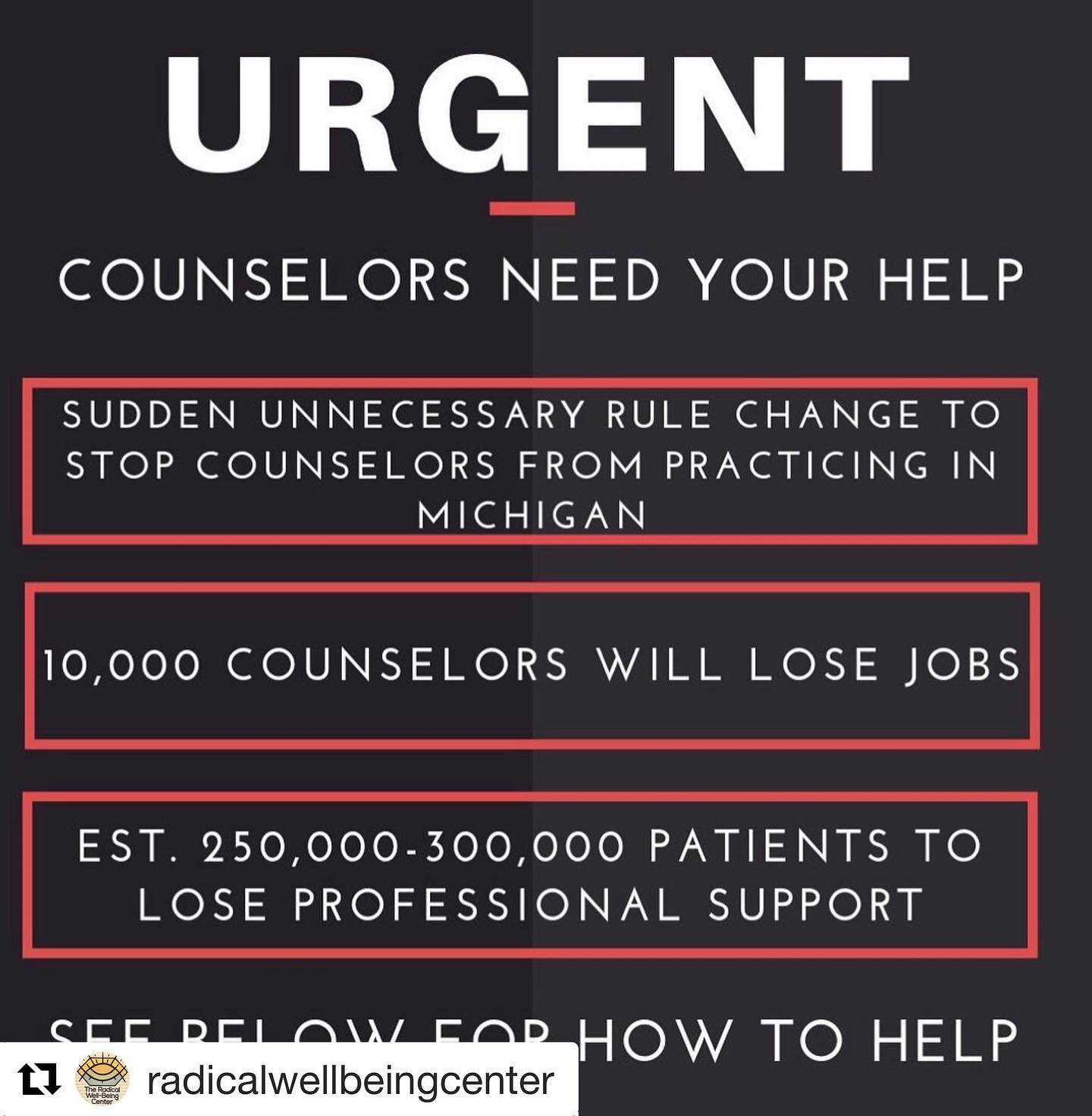 Guys, gals, and non-binary pals, please see below for how to help Michigan counselors (like myself) maintain the right to practice in the state. @radicalwellbeingcenter ・・・
#repost House Bill 4325 a bill that would effect almost 1/3 of mental health 