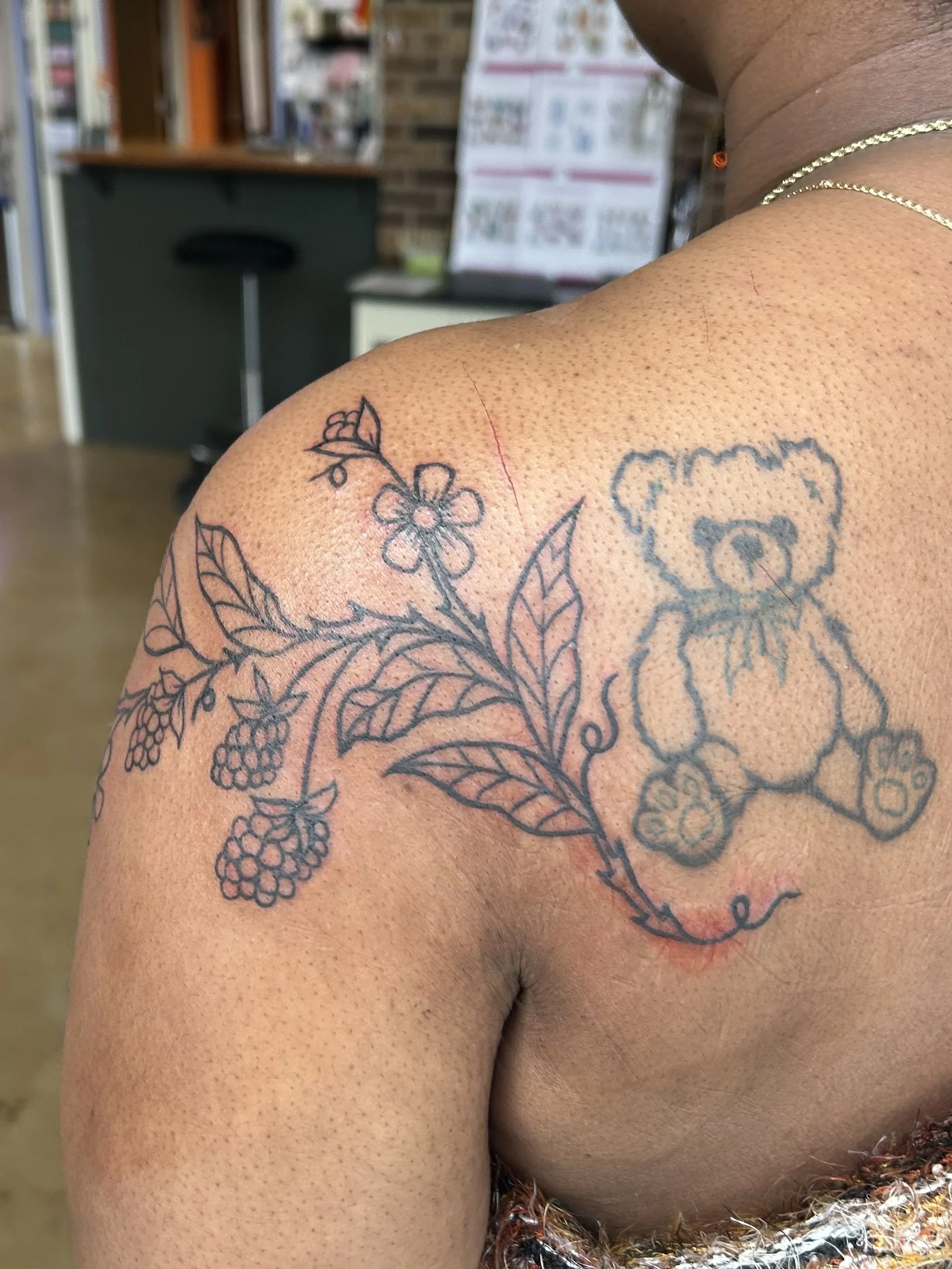 drawn-on blackberry vine (WIP, color will be added), with healed teddy bear