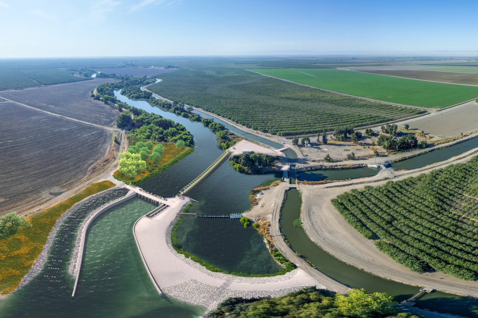 An artist rendering of the proposed Arroyo Canal Fish Screen and Sack Dam Fish Passage Project looking upstream.