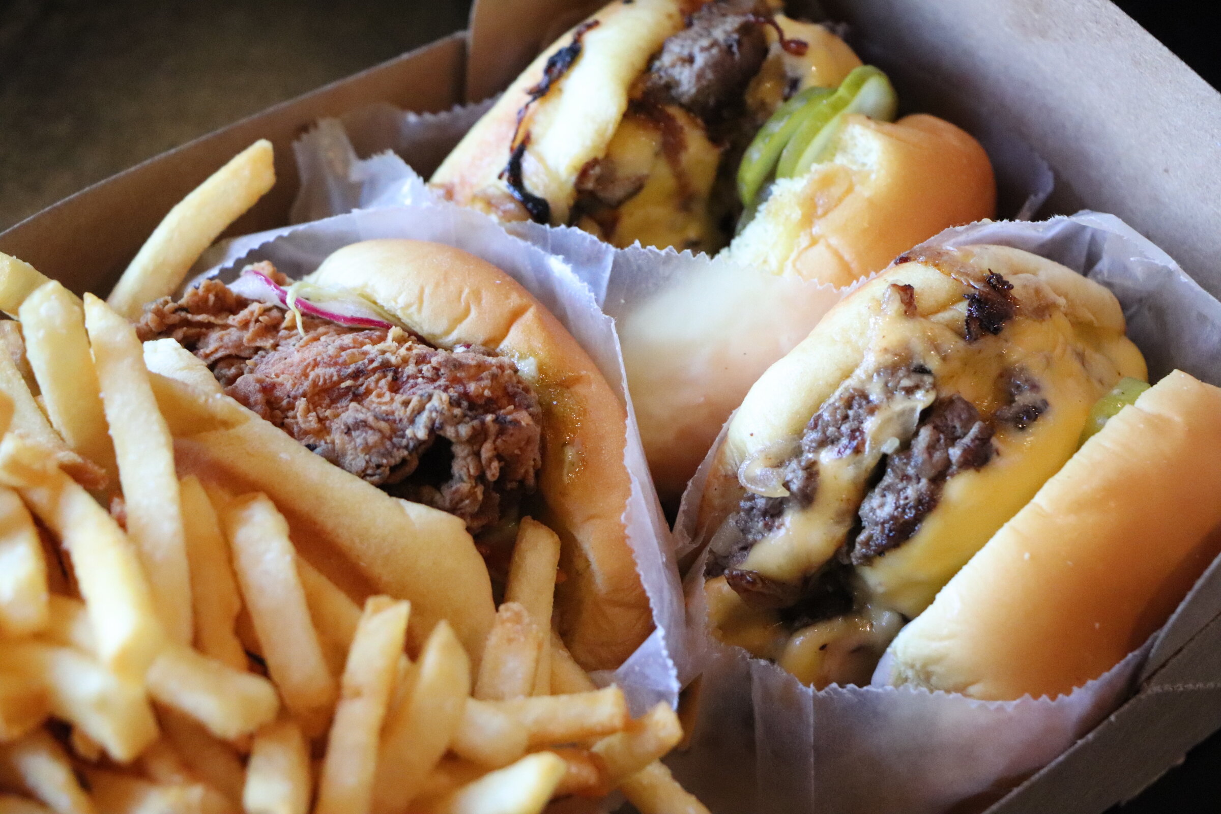  burgers and french fries 