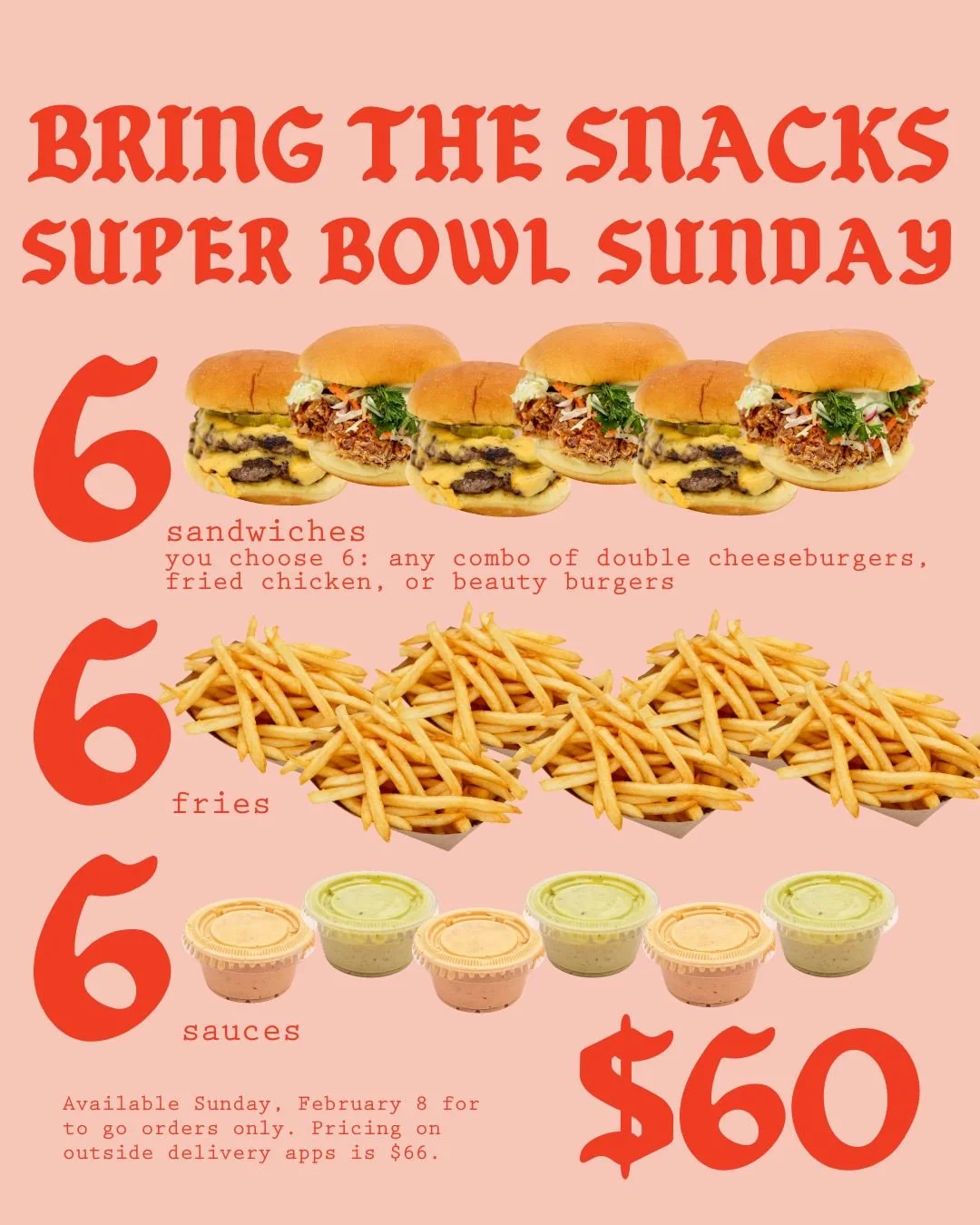 YOU CAN WIN SUPER BOWL SNACKS ~ bring this to the party and be everyone's hero. 6 sandwiches, 6 fries, and 6 sauces for $60 to celebrate the biggest Sunday in sports because.... Go Sports? 🍔🏈⁠
⁠
Available at all Win~Dow locations February 8 for to 