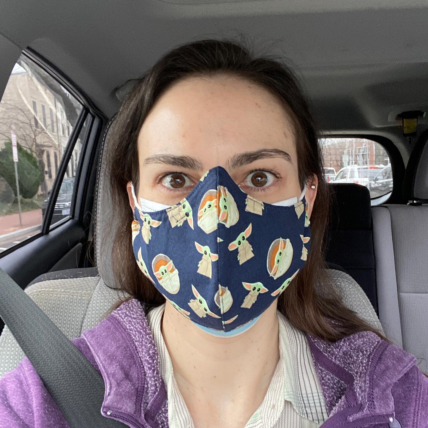 Hello I just got my first dose of the Moderna COVID-19 vaccine!!!! My Baby Yoda mask from @starwhale75 helped me through the anxiety of waiting 15 minutes to see if I would have a reaction (I didn&rsquo;t). To make it even more anxiety inducing, my v