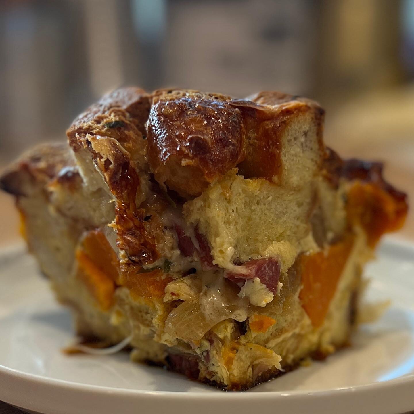 Saturday Strata: Studded with salty bits of Capocollo, roasted Butternut Squash, oozy chunks of Gruyere, and caramelized Onions with Thyme&hellip;. It&rsquo;s a winner! #strata #breakfastisnow #brunch #buynowenjoylater #mealinabox