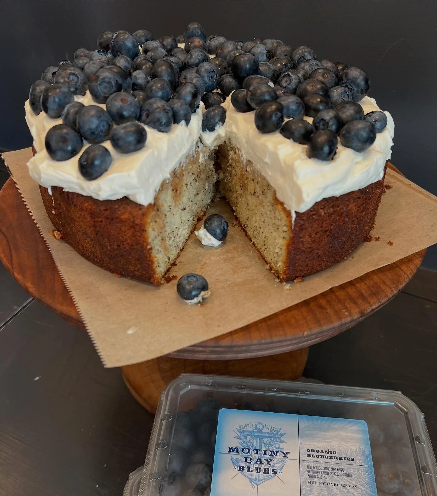 Come on in and try our super moist Earl Gray Cake topped with whipped cream and local @mutinybayblues blueberries! While you&rsquo;re here, pick up a pint of blueberries from our fridge to go on top of our house-made granola.🫐