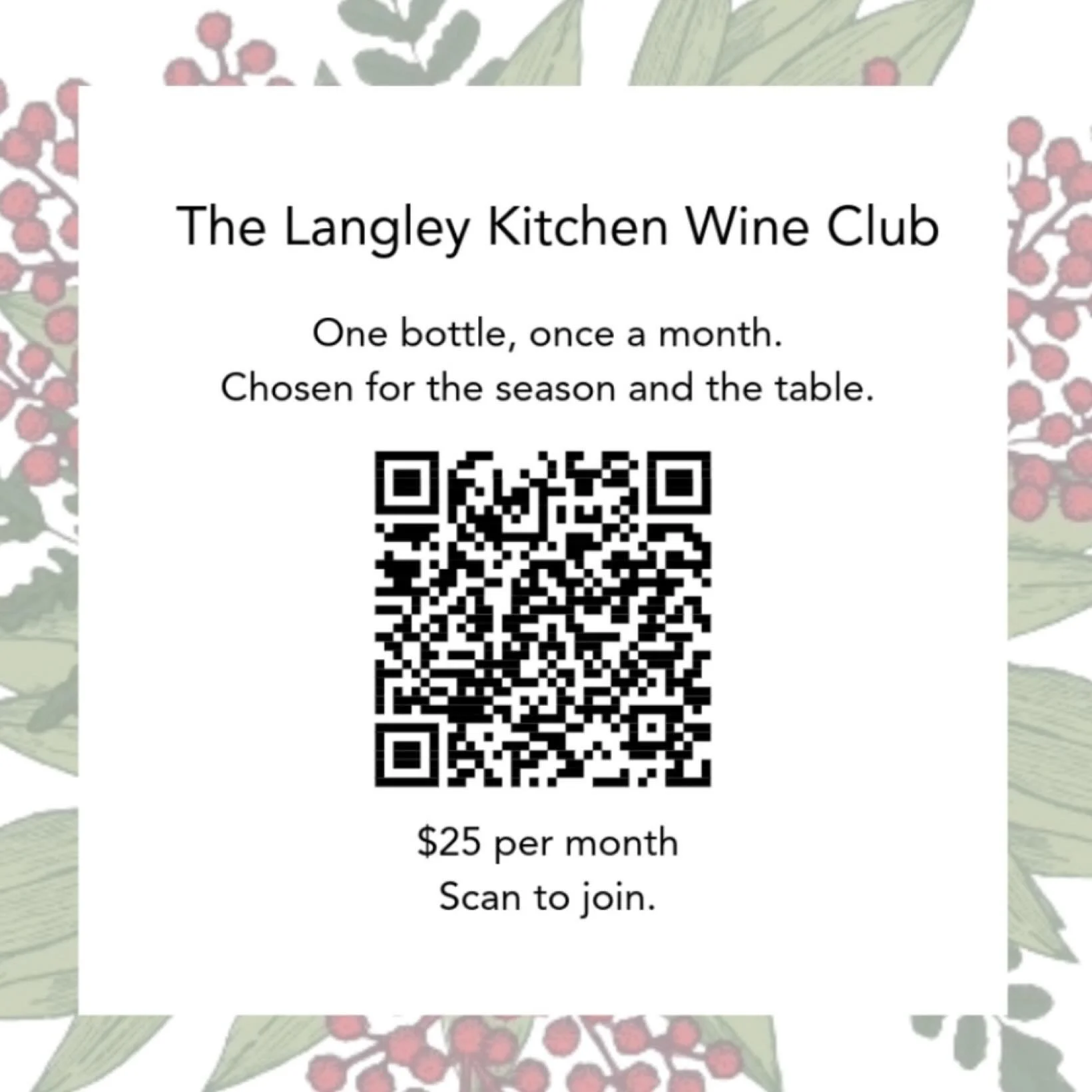 We&rsquo;re excited to introduce something new at Langley Kitchen: the Langley Kitchen Wine Club.
We wanted to bring you a wine club that feels approachable, yet thoughtfully curated. Each month, we&rsquo;ll select one bottle for the season and the t
