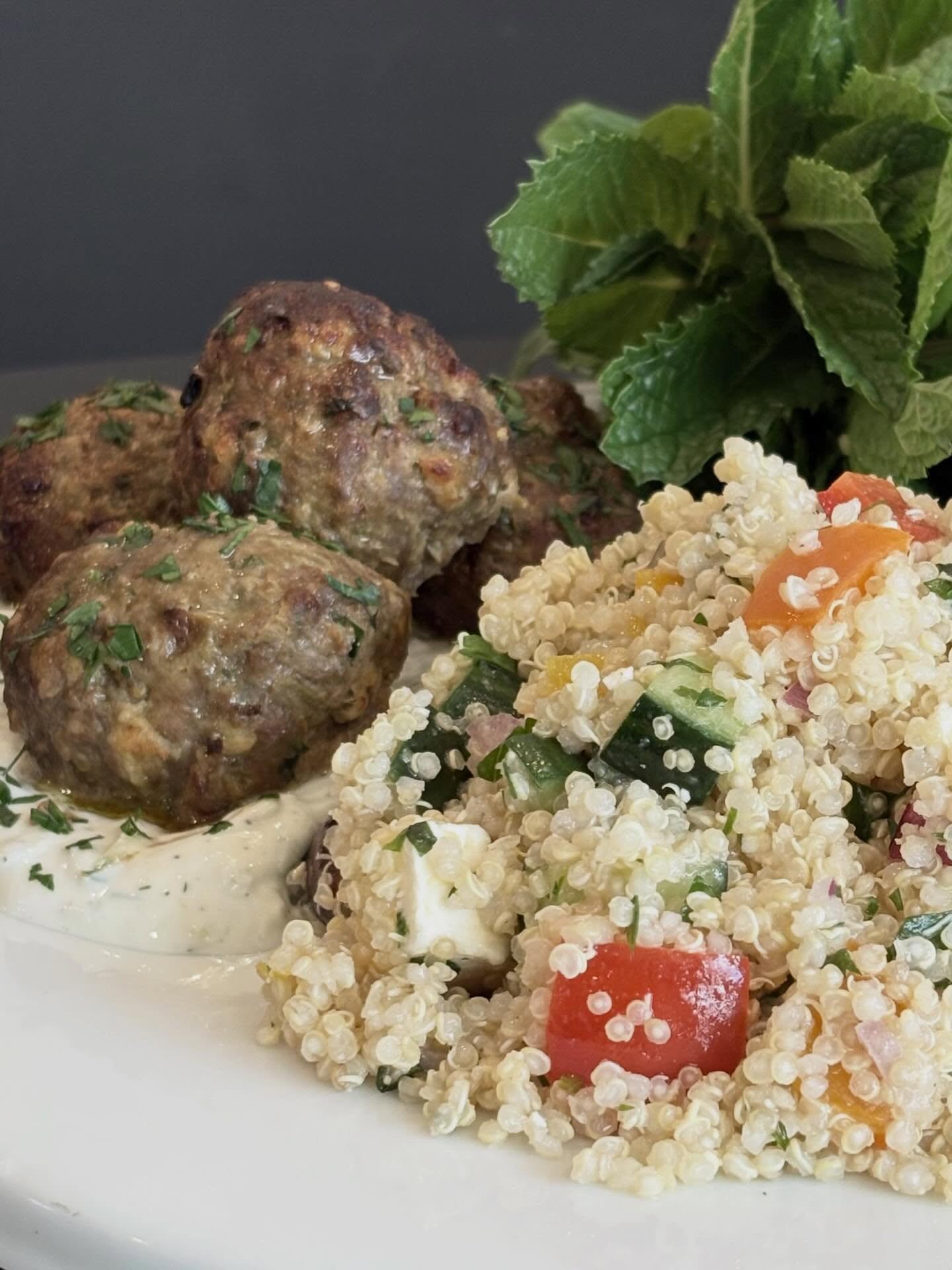 Take &amp; Bake Spiced Meatballs with Tzatziki (GF) are ready! These flavorful meatballs are made with organic ground beef, red onions, garlic, fresh cilantro and parsley, warm spices, and a touch of chili flakes, all bound together with gluten-free 
