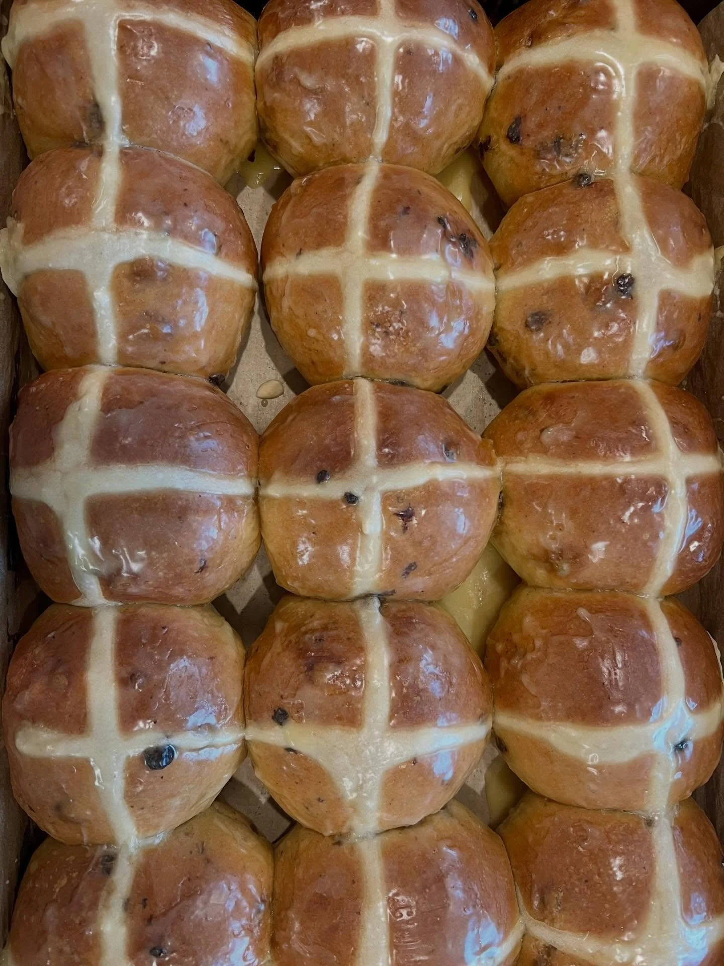 Hot Cross Buns with currants and orange glaze! A classic Easter treat. Available today and tomorrow!