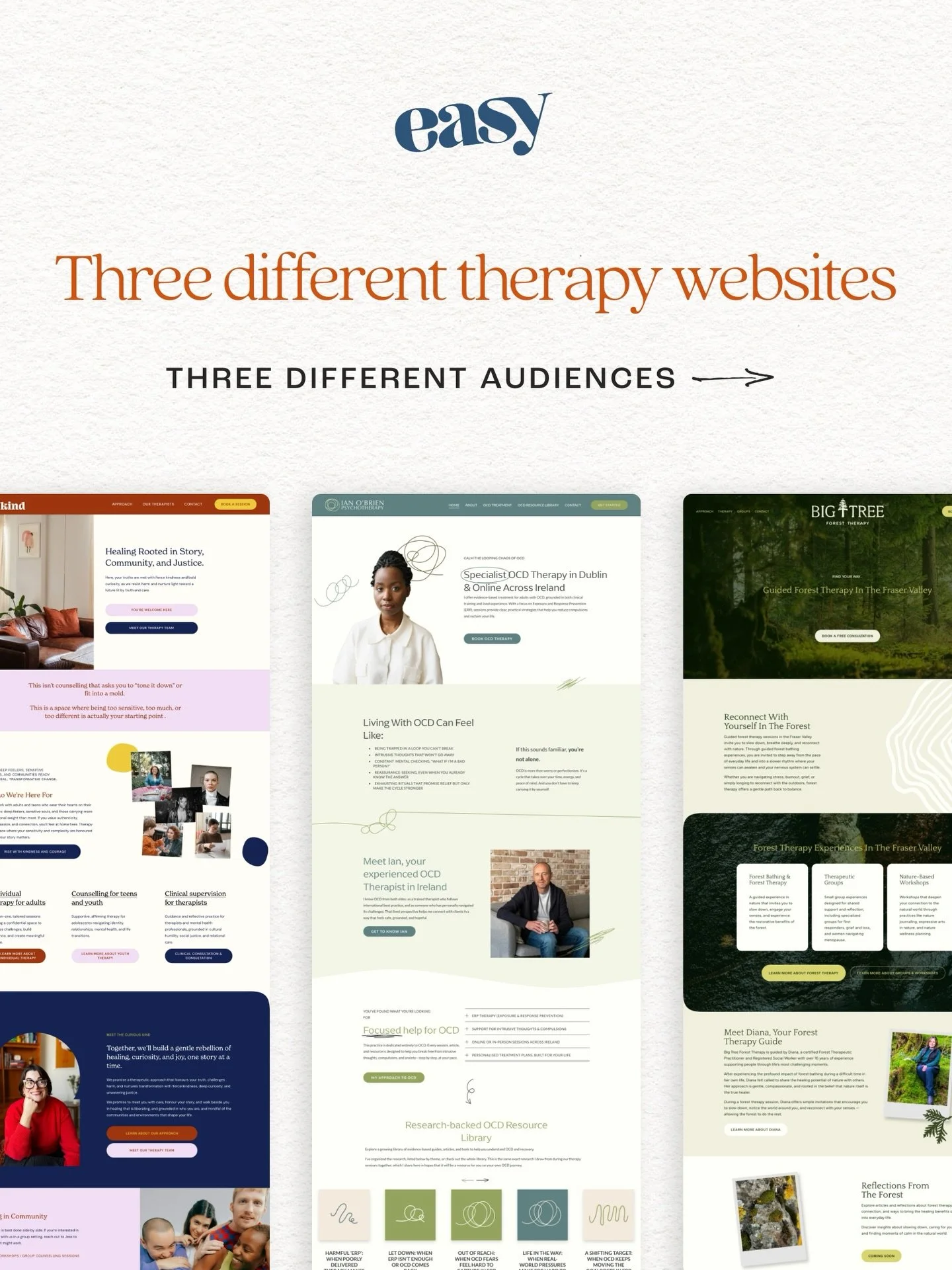 Just because you&rsquo;re in the same industry does not mean your brand should look the same. 

Here&rsquo;s a breakdown of three recent Easy&trade;️ counsellor brands/websites and how we tweaked the designs to fit with their respective audiences. 

