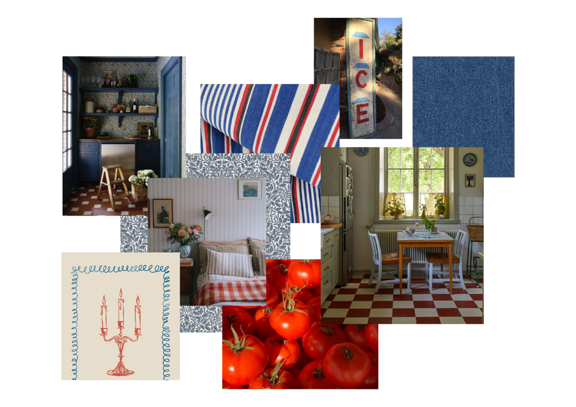 a collage of images featuring deep indigos, sky blues, tomato reds, and creamy linens
