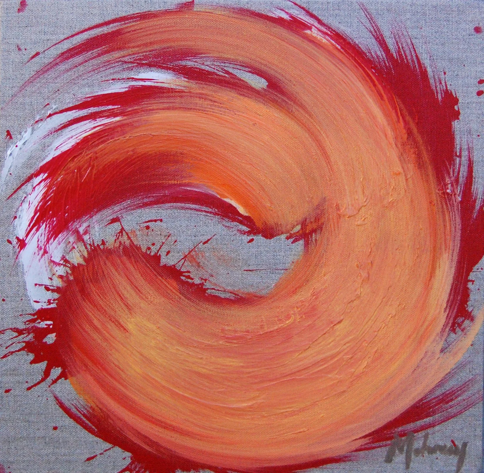 Abstract painting with broad, swirling brushstrokes in shades of orange, red, and yellow on a gray canvas background.