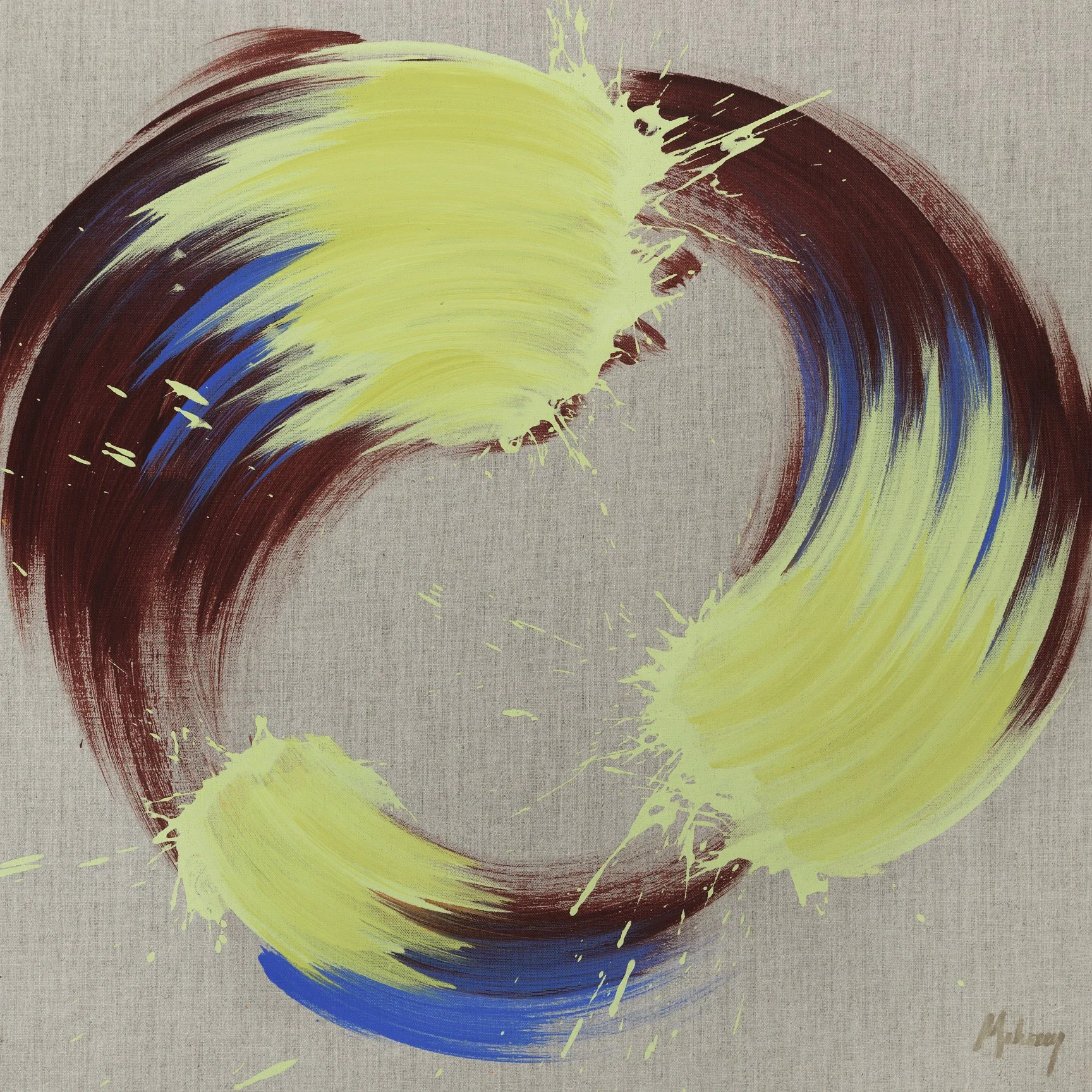 Abstract painting with swirling brushstrokes in yellow, brown, blue, and beige colors.