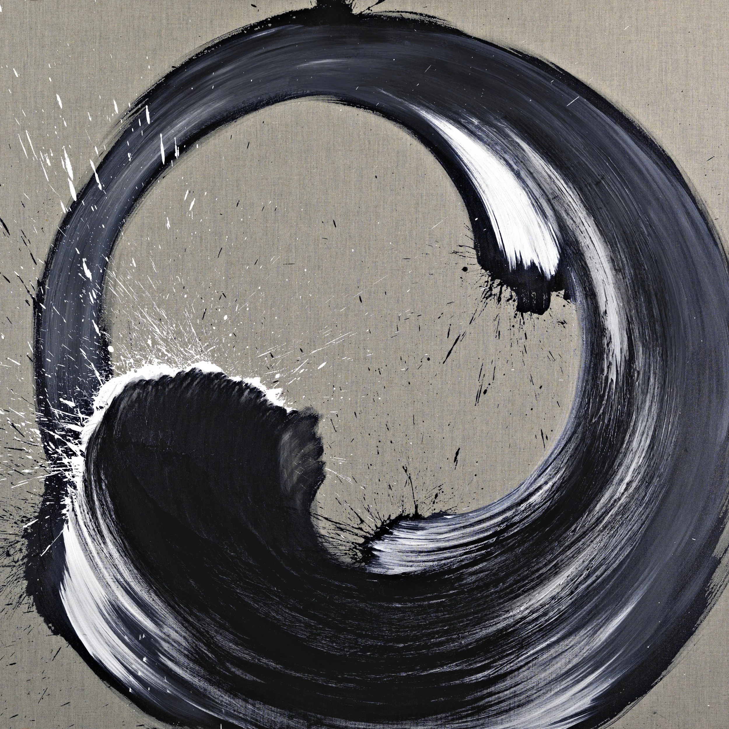 Abstract black and white brushstroke circular painting on a textured beige background.